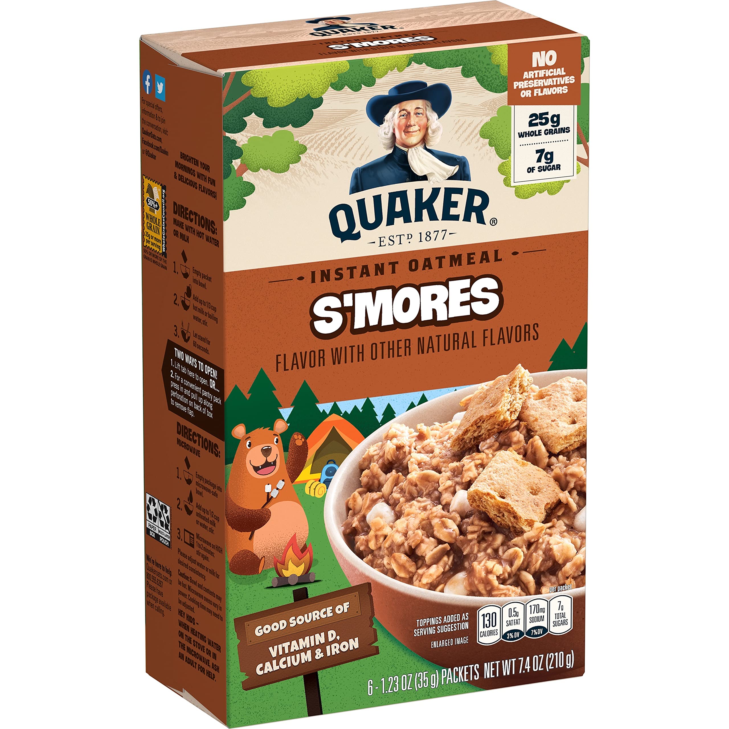 Quaker Instant Oatmeal, Smores, 1.23 Oz Packets, Pack of 6