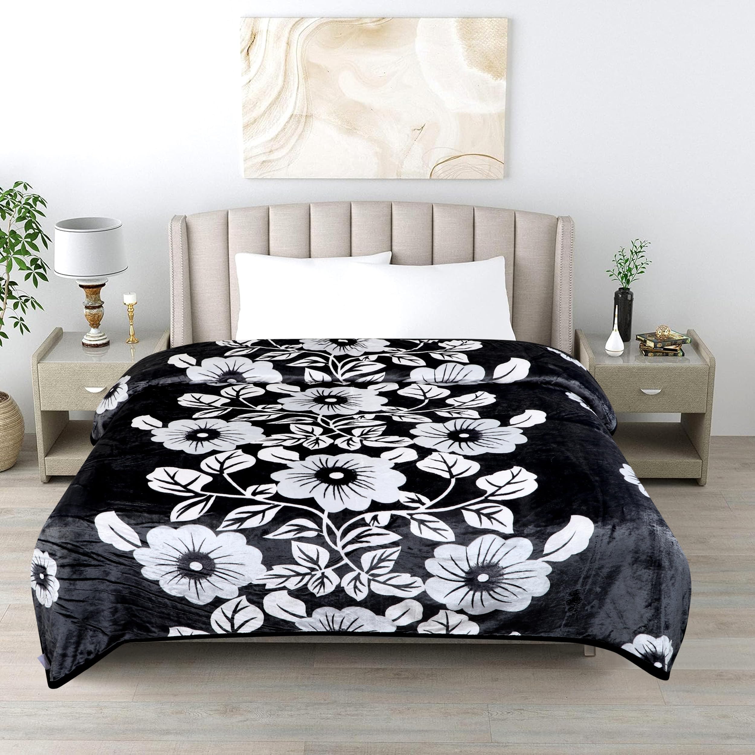 Premium Ultra Soft Flannel Printed Single Blanket 220x160 cm| 200 GSM Warm & Cozy All Season AC Blanket| Lightweight Travel/Camping Throw for Sofa & Couch| Winter Duvet/Quilt- Black & White