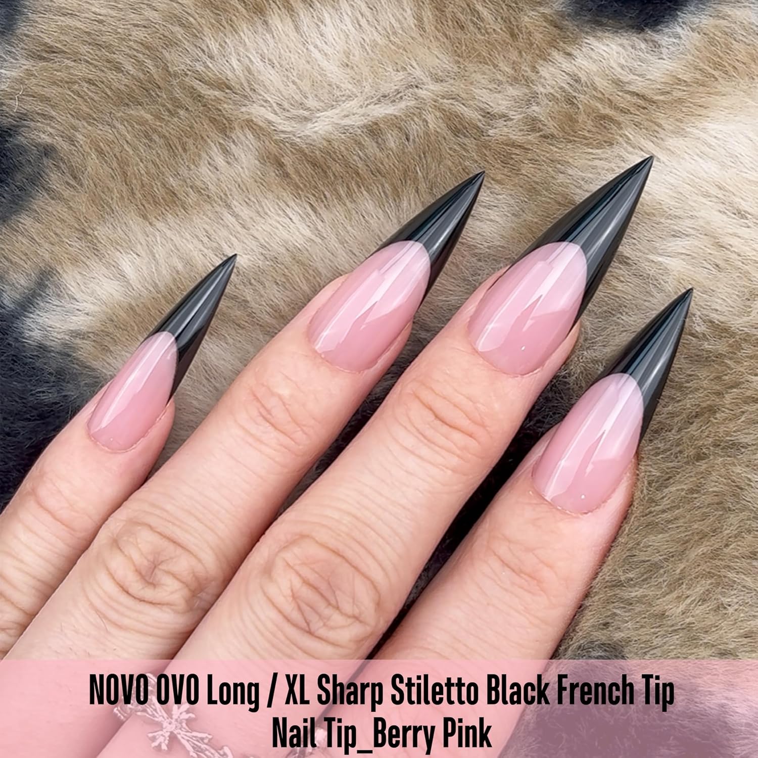 NOVO OVO Black French Tip Long XL Sharp Stiletto Nail Tips Press on BERRY PINK, Soft Gel Double Matte Fake Nail Extension, Full Cover False Nails for Acrylic DIY x 16 Sizes 160 pcs