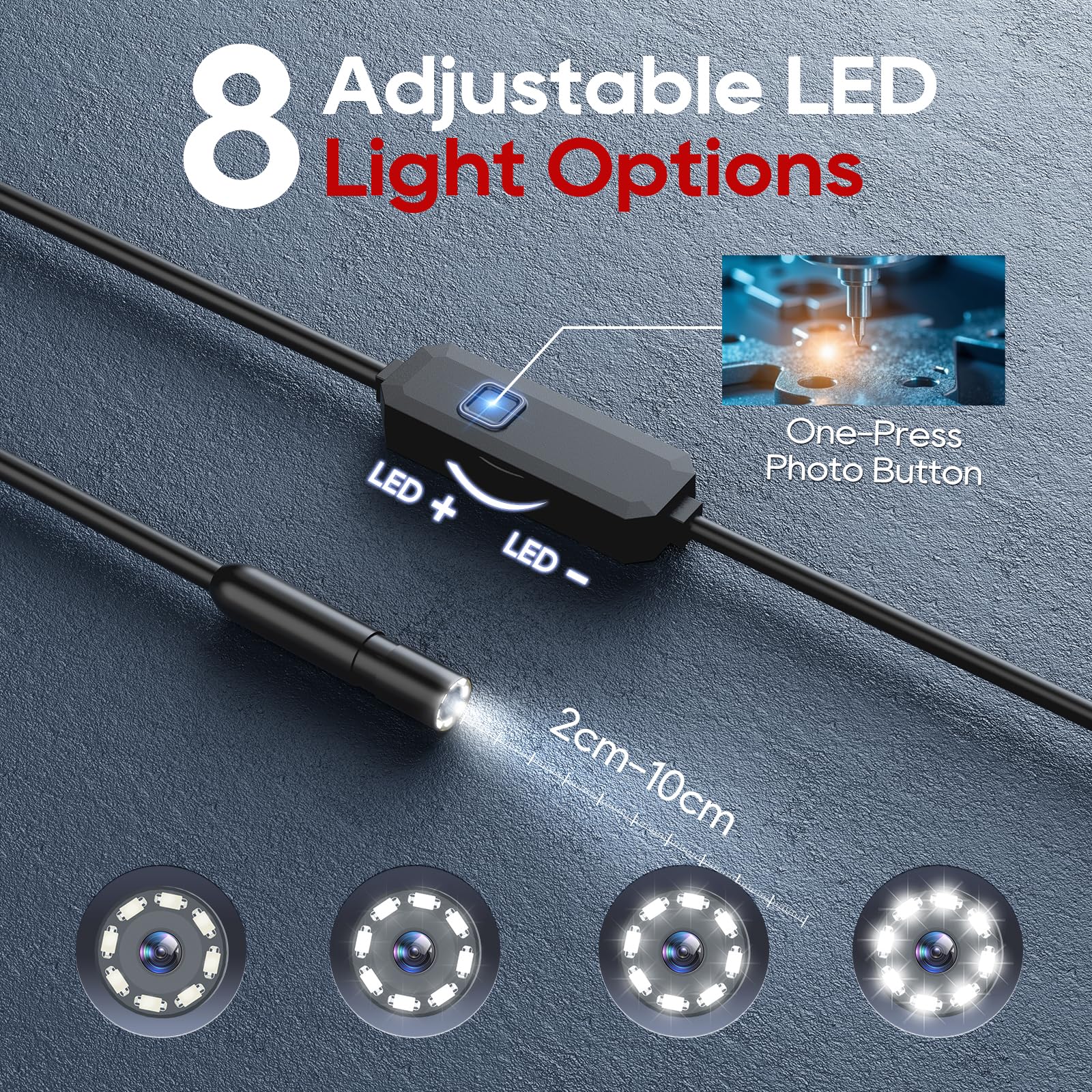 TOPDC Cámara endoscópica con luz, cámara de alcance HD 1920P, boroscopio de inspección ajustable de 8 LED para Android e iOS, cable de serpiente semirrígido de 16.4 pies, IP67 impermeable
