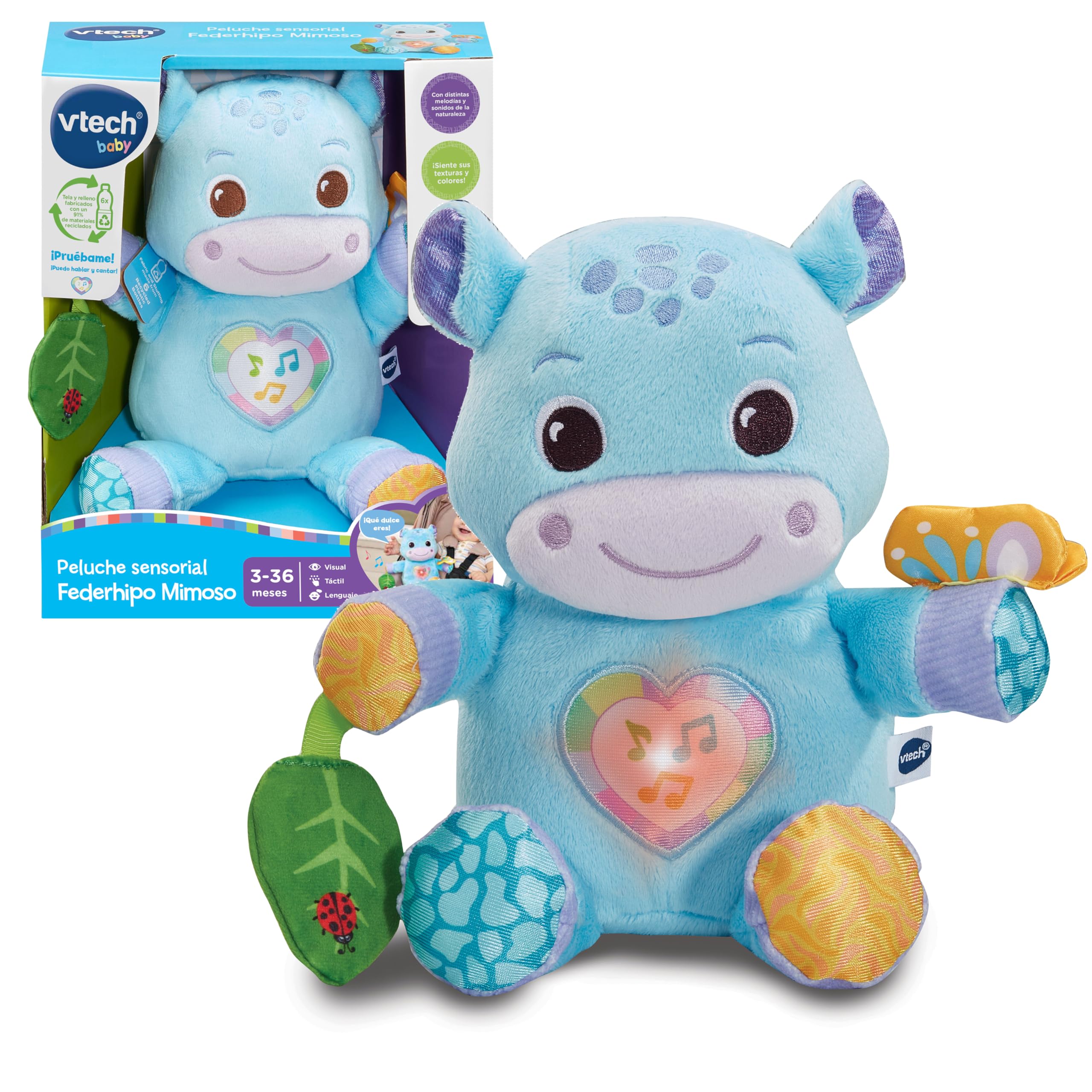 VTech -Baby Federhipo mimoso Sensory Plush, Interactive Plush for Babies, Promotes Early Development, Tactile Exploration, Baby Gift +3 Months, ESP Version