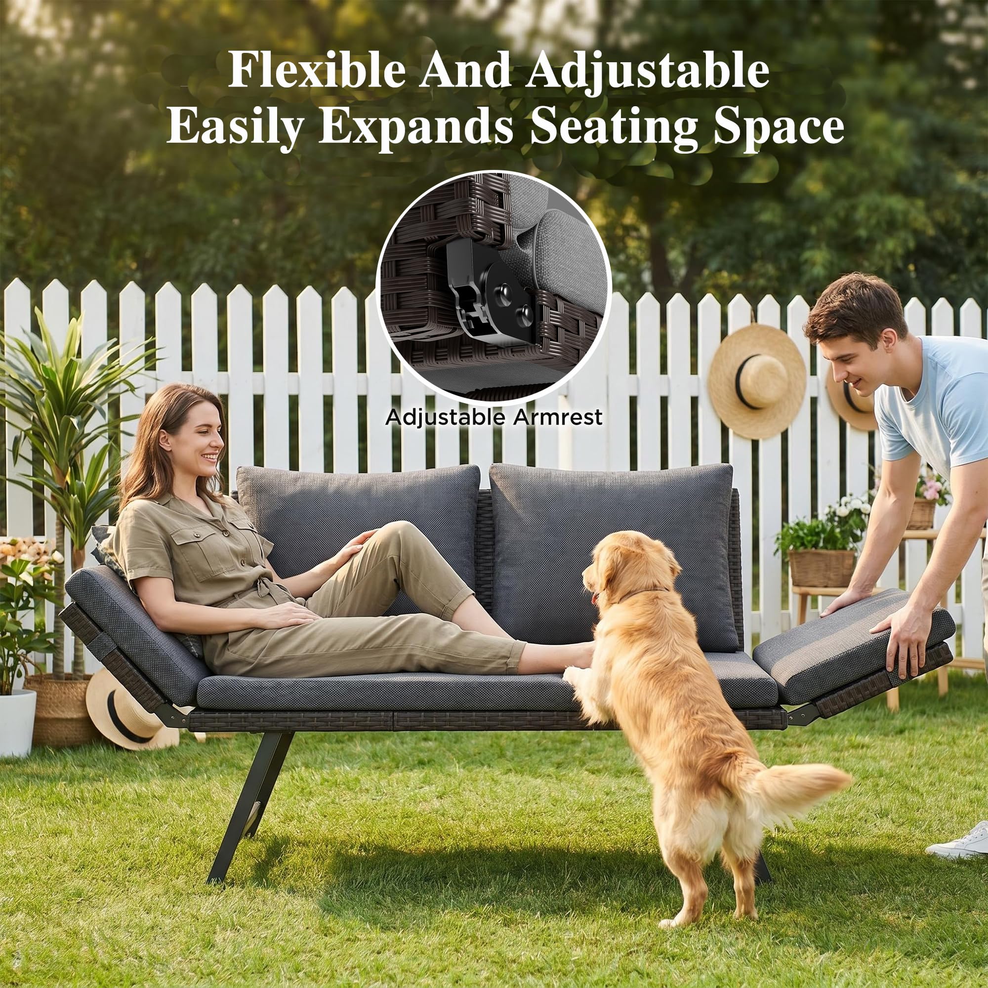 Fiutazge Polyrattan Loungesofa 2 Personen Kissen,Outdoor Daybed Gartenliege mit Verstellbare Armlehnen,Sitzbank mit Schlaffunktion,Gartenbett Balkonmöbel Set für Garten Terrasse-Grau