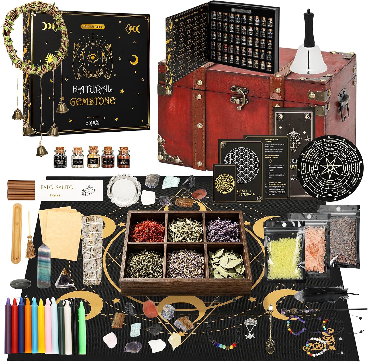 Witchcraft Supplies & Witchcraft Kit, 200 Pcs Starter Set & Witch Craft Kit, Witch Altar Supplies with Crystals, Herbs, Candles, Beginner Guide & Witchy Gifts, Green Altar Spell Tools, Wiccan