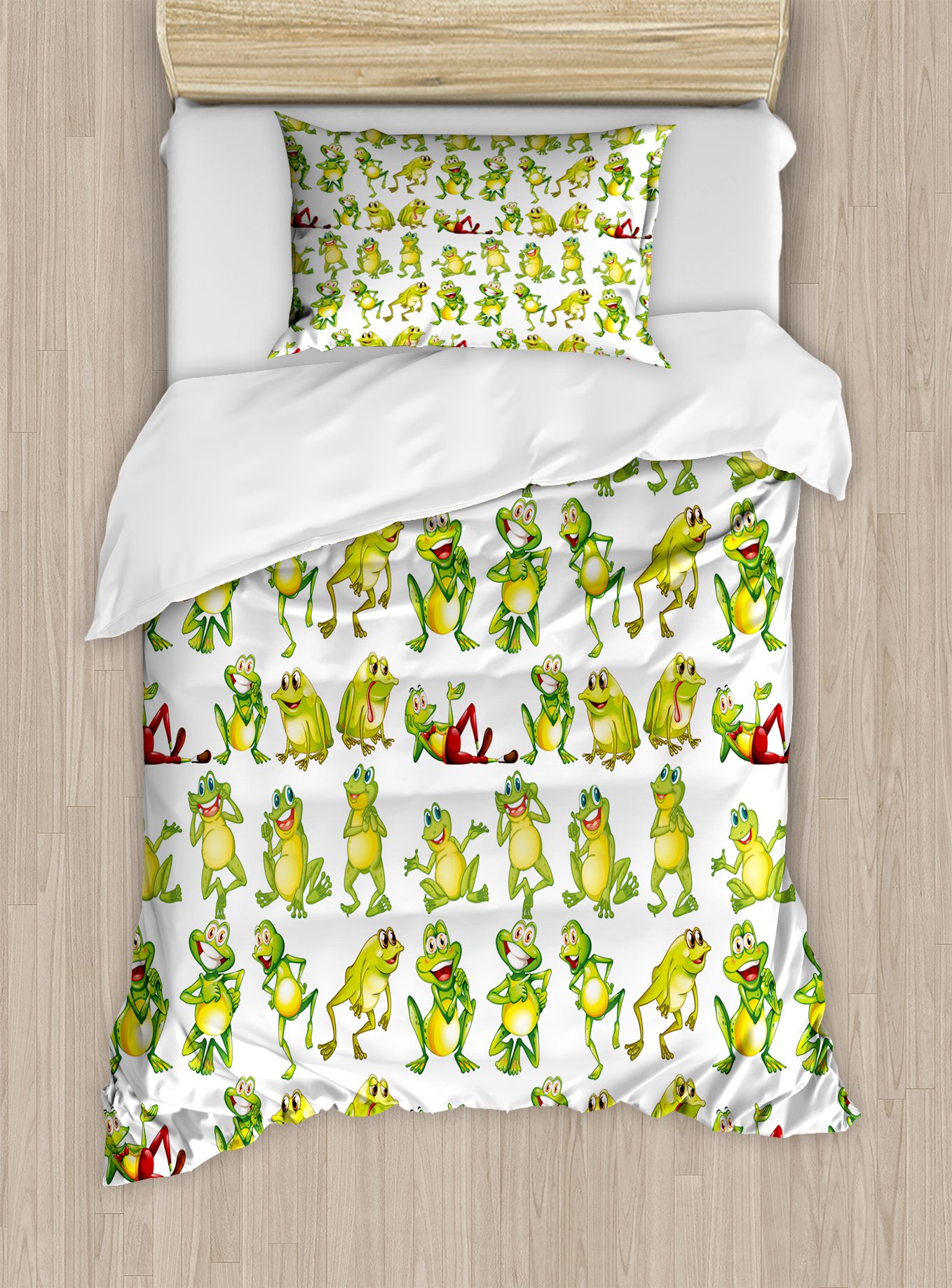 Ambesonne Cartoon Duvet Cover Set, Frogs in Different Positions Funny Happy Expressions Faces Toads, Decorative 2 Piece Bedding Set with 1 Pillow Sham