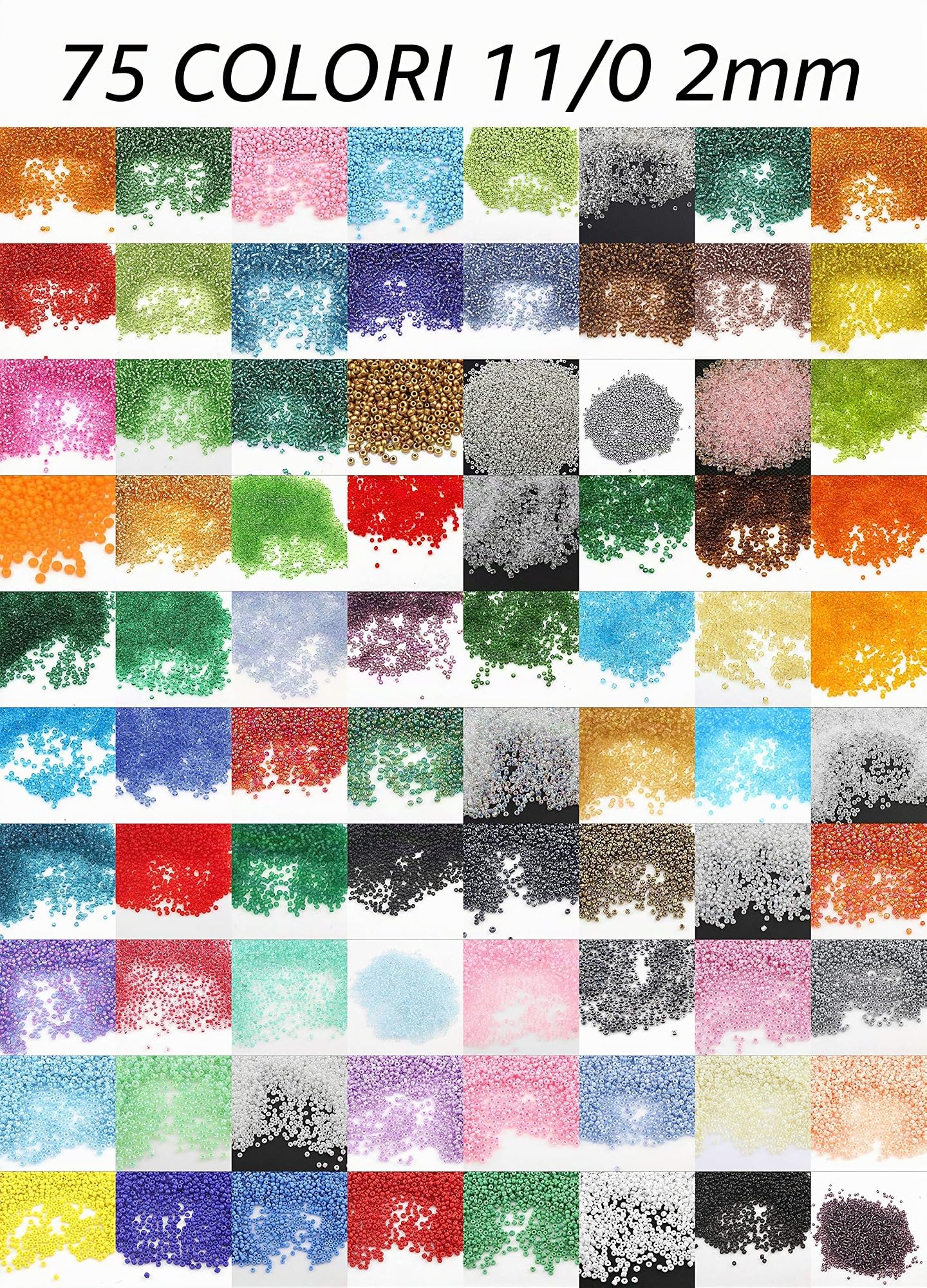 Set di perline per fai da te, ricami e decorazioni, in stile rocaille, in 75 colori, perline da 2 mm, in vetro, 1,5 kg, rotonde, 100.000 pezzi