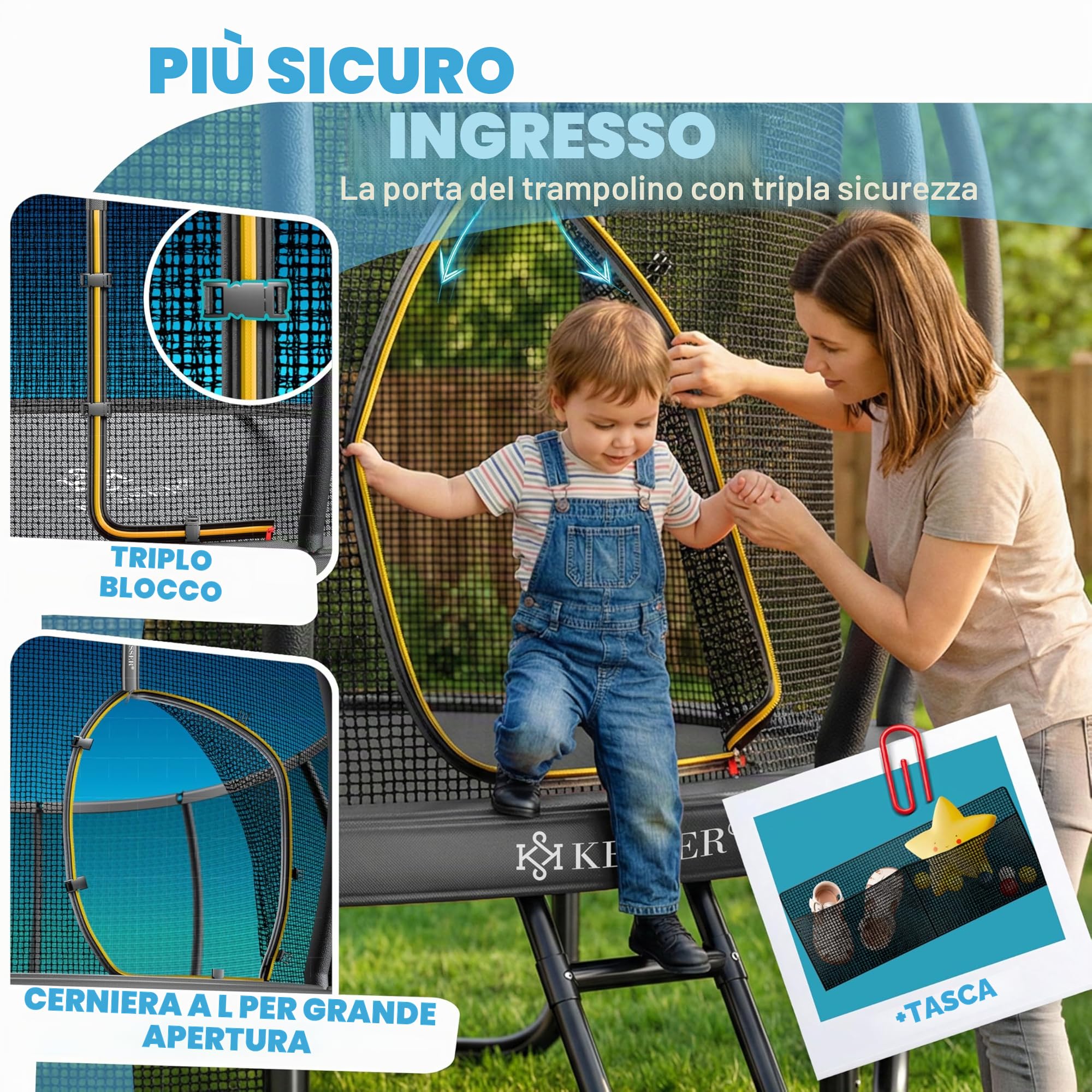 KESSER Trampolino esterno Ø 244/305/366/427 cm, certificato GS trampolino da giardino per bambini e adulti < 150 kg con rete di sicurezza, inclusa borsa, scala, copertura del bordo e aste in rete