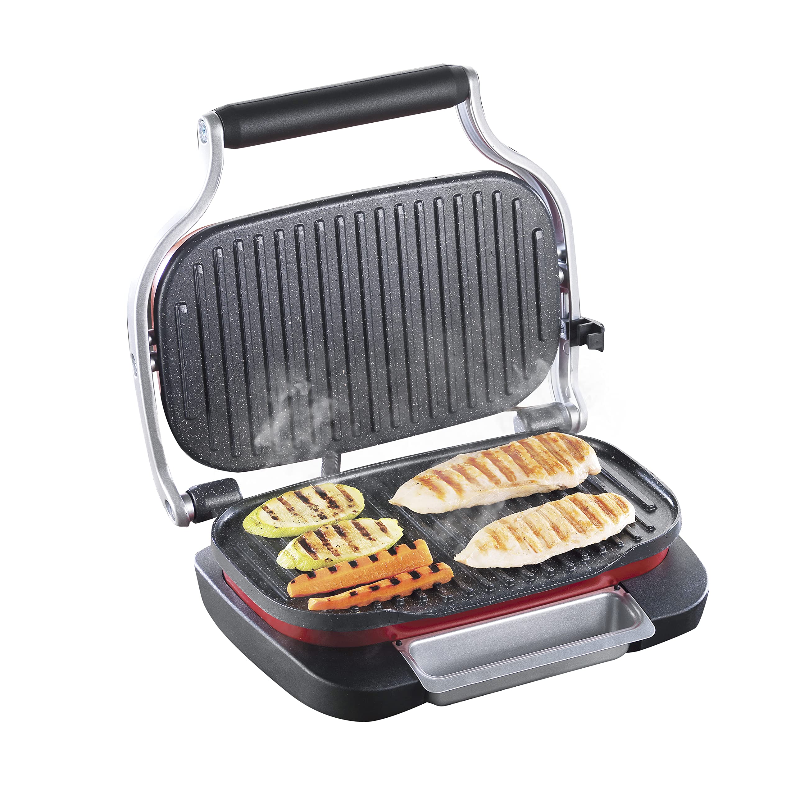 TM Electron TMPGR003RED grill eléctrico estilo retro, calentamiento rápido, revestimiento antiadherente de 5 capas, control de altura y temperatura, bandeja de residuos extraíble, 1300W