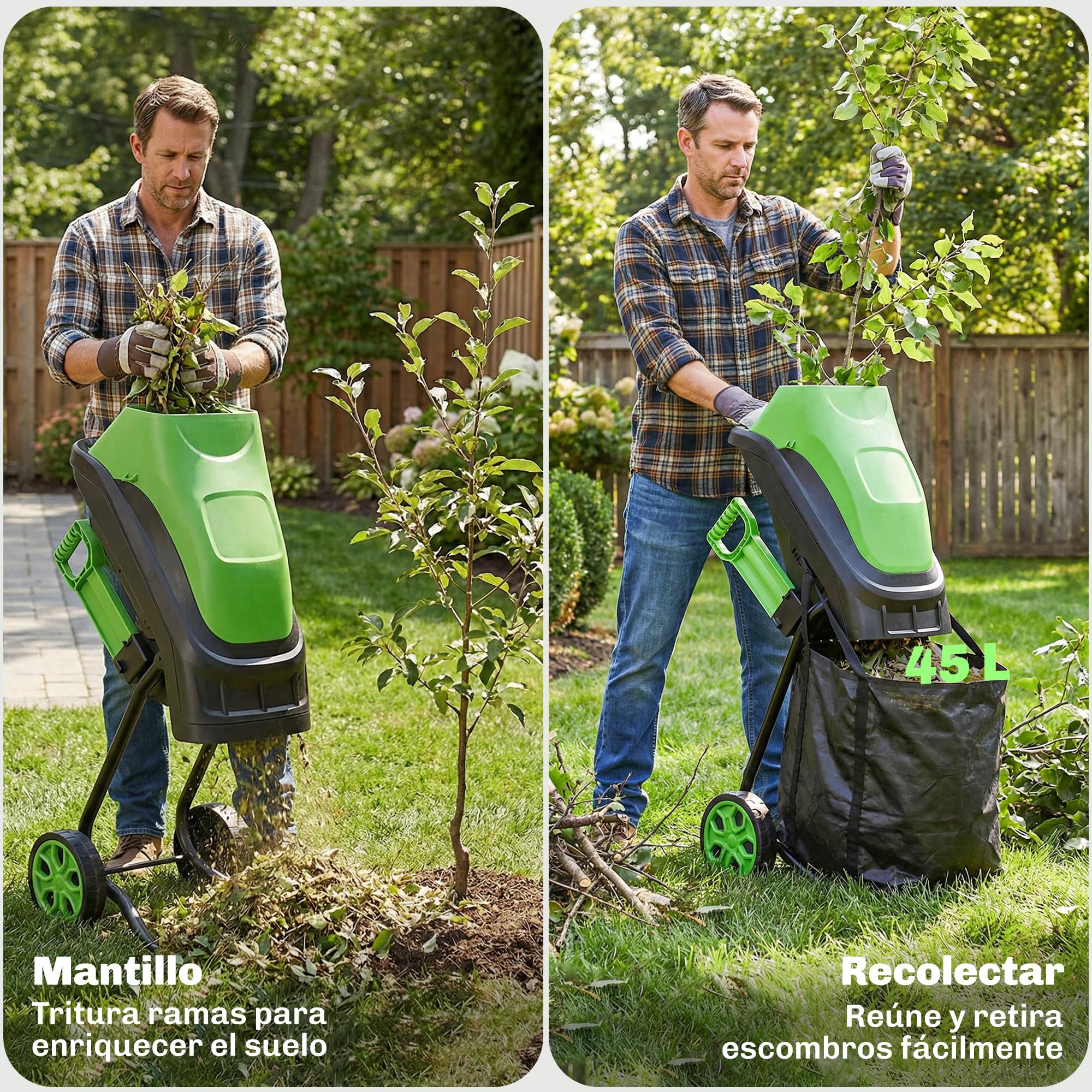 Outsunny Trituradora de Ramas Eléctrica 2500W, Trituradora de Jardín con 2 Cuchillas Reversibles hasta Ø44 mm de Ramas, Bolsa de Recolección de 45L, Ruedas y Protección de Sobrecarga, Verde