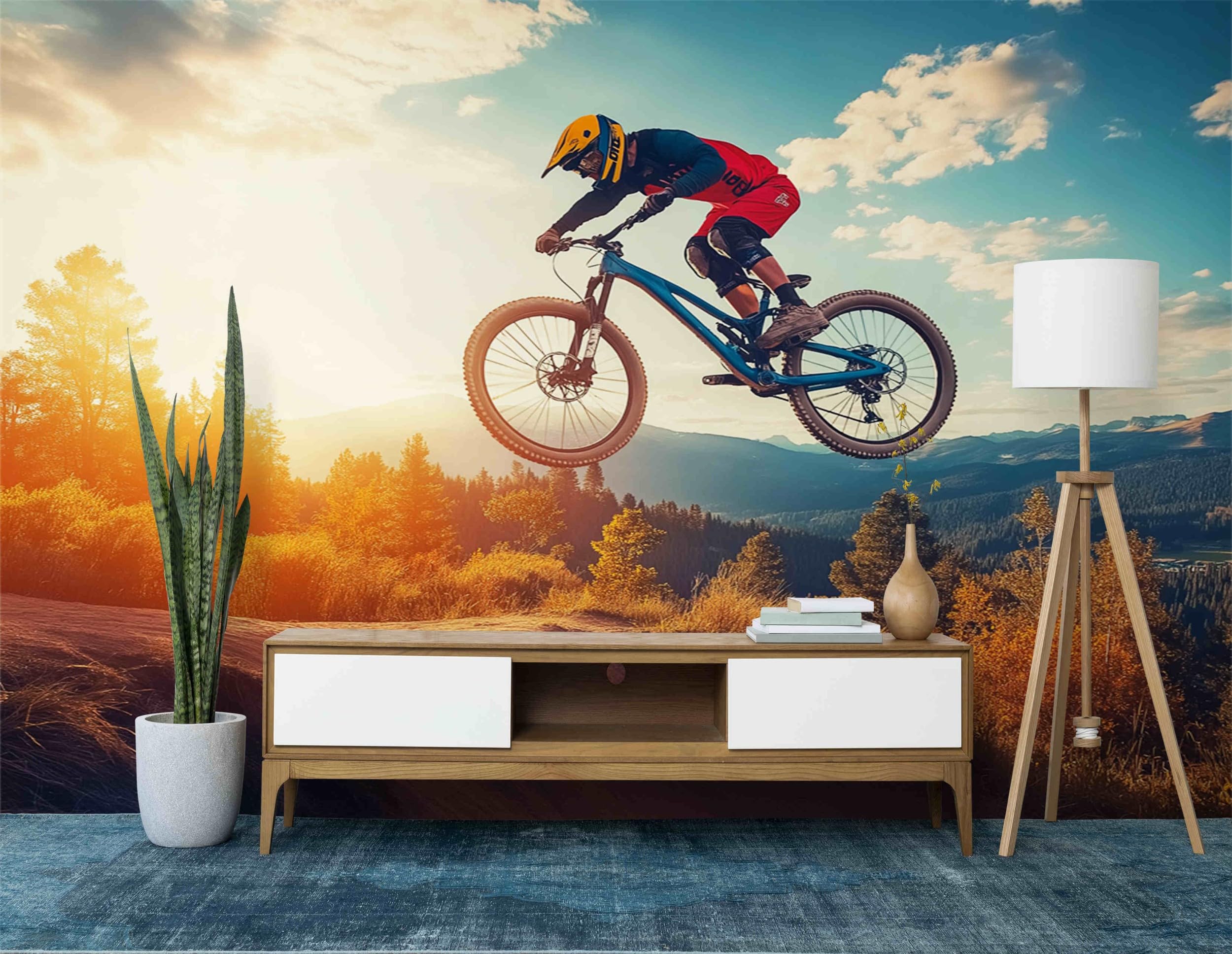 Extremsportler-Mountainbike-Fahrer Fototapete Wohnzimmer Schlafzimmer Wandtapete Vlies Tapete 200 (B) x 140 (H) cm, Gedrucktes Wandbild UV-Beständig 