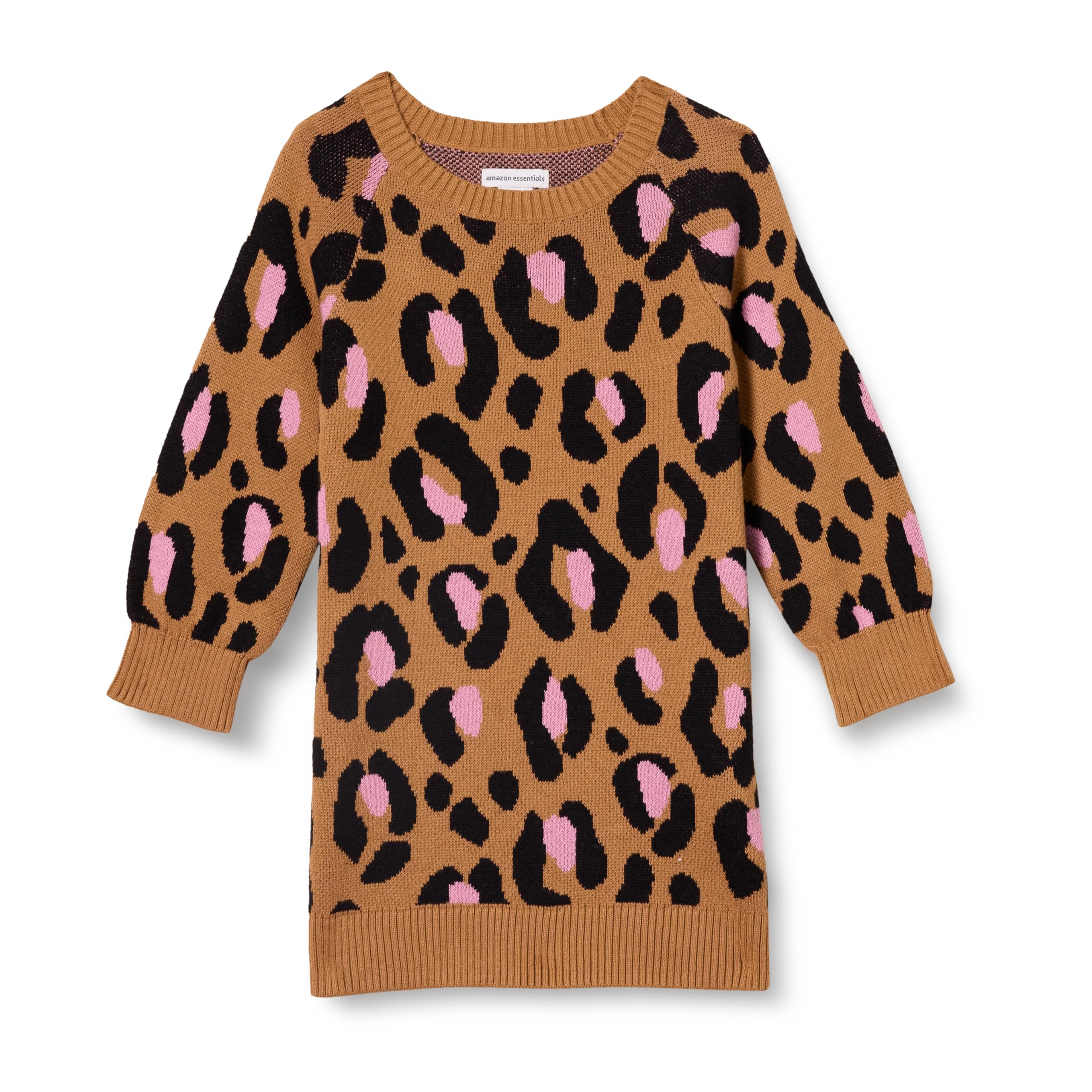 Amazon Essentials Girls' Raglan Sweater Dress, Camel Leopard, Medium