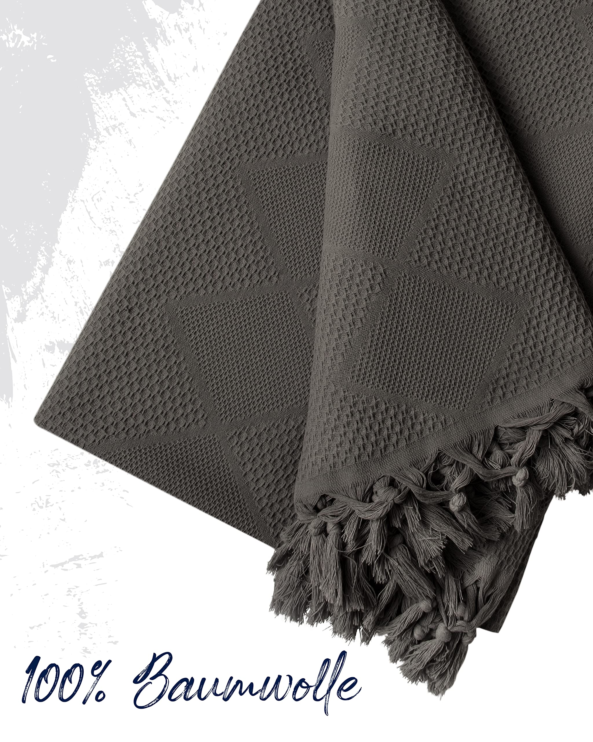 LAYNENBURG Premium Tagesdecke mit handgeknüpften Fransen - 100% Baumwolle - 200 x 220 cm XXL - Waffelpique Sommerdecke - Baumwolldecke als Bett-Überwurf, Couch-Überwurf & Sofa-Decke (Anthrazit)