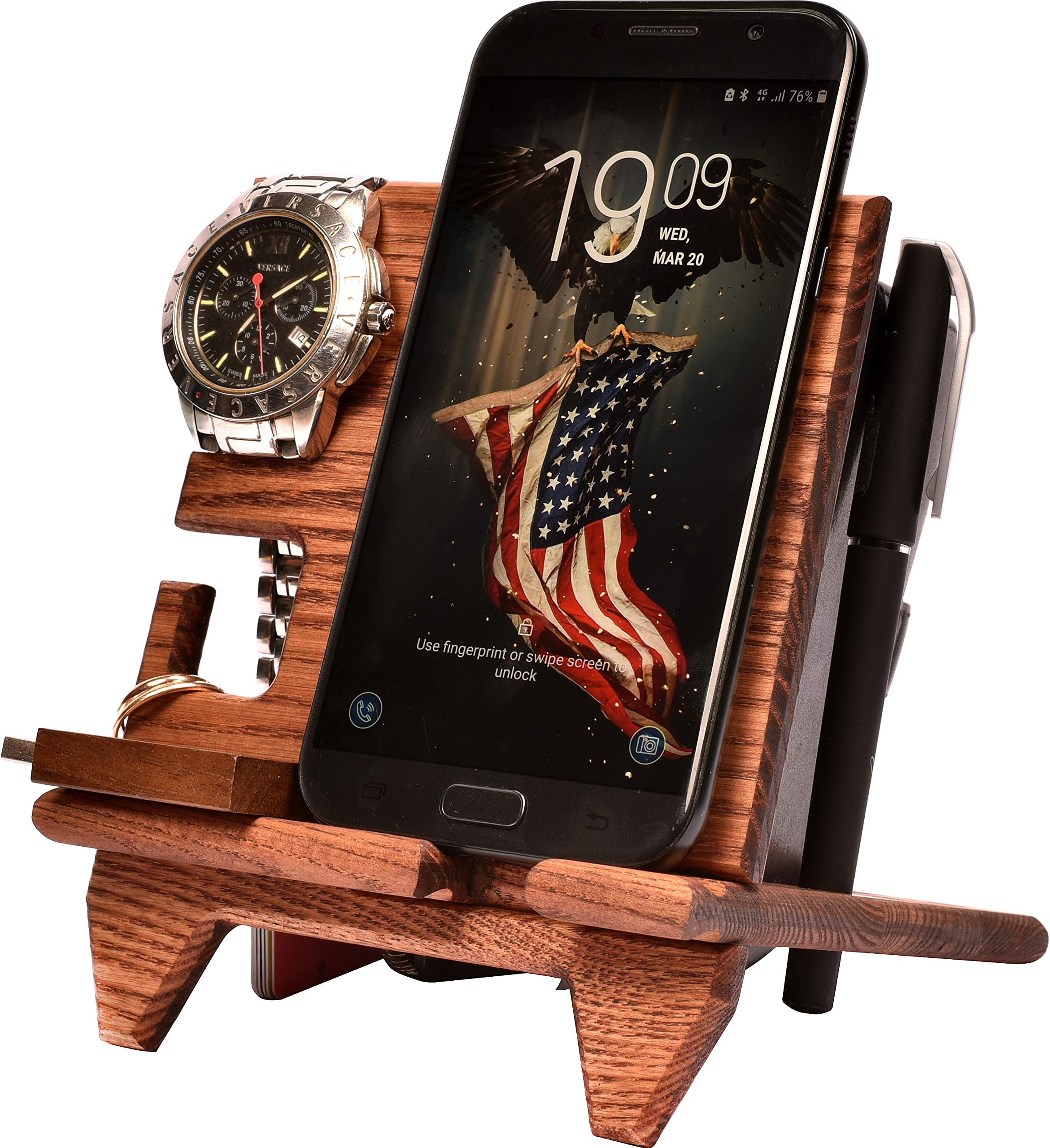 BarvA Small Wood Docking Station Cell Phone Smartwatch Holder Men Charging Accessory Nightstand Mobile Desktop Mini EDC Organizer Dresser Wallet Storage Anniversary Birthday Graduation Gift