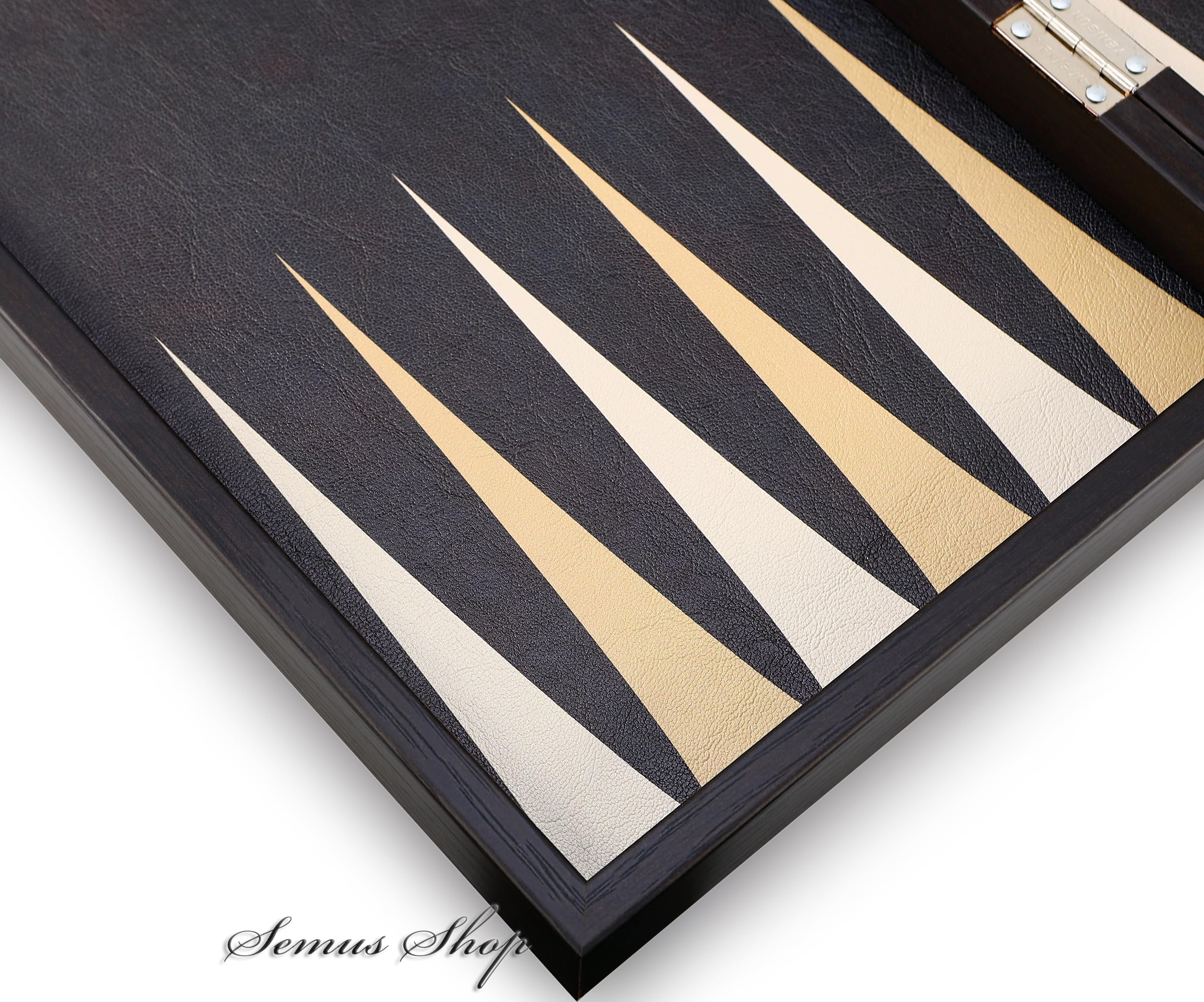Backgammon de luxe XXL - Plateau de jeu classique en bois et cuir synthétique résistant aux rayures - 48 x 48,5 cm - Pliable avec fermeture magnétique - Pierres et dés inclus - Fait main en Turquie