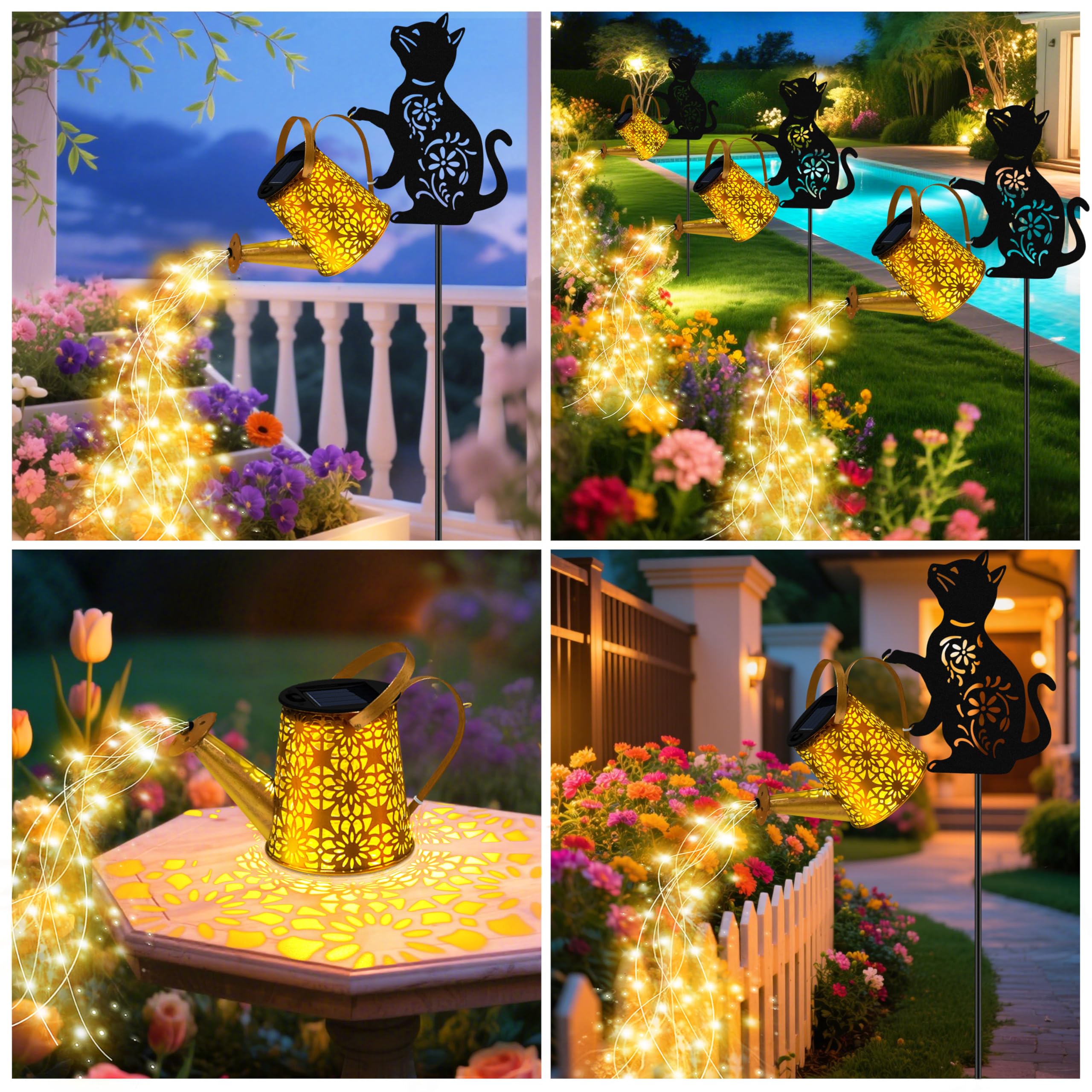 Luces solares para regadera, linterna colgante de gato, luces solares al aire libre, regalos para amantes de los gatos, regalos para mamá, mujeres, cumpleaños, día de la madre, Navidad, decoración de