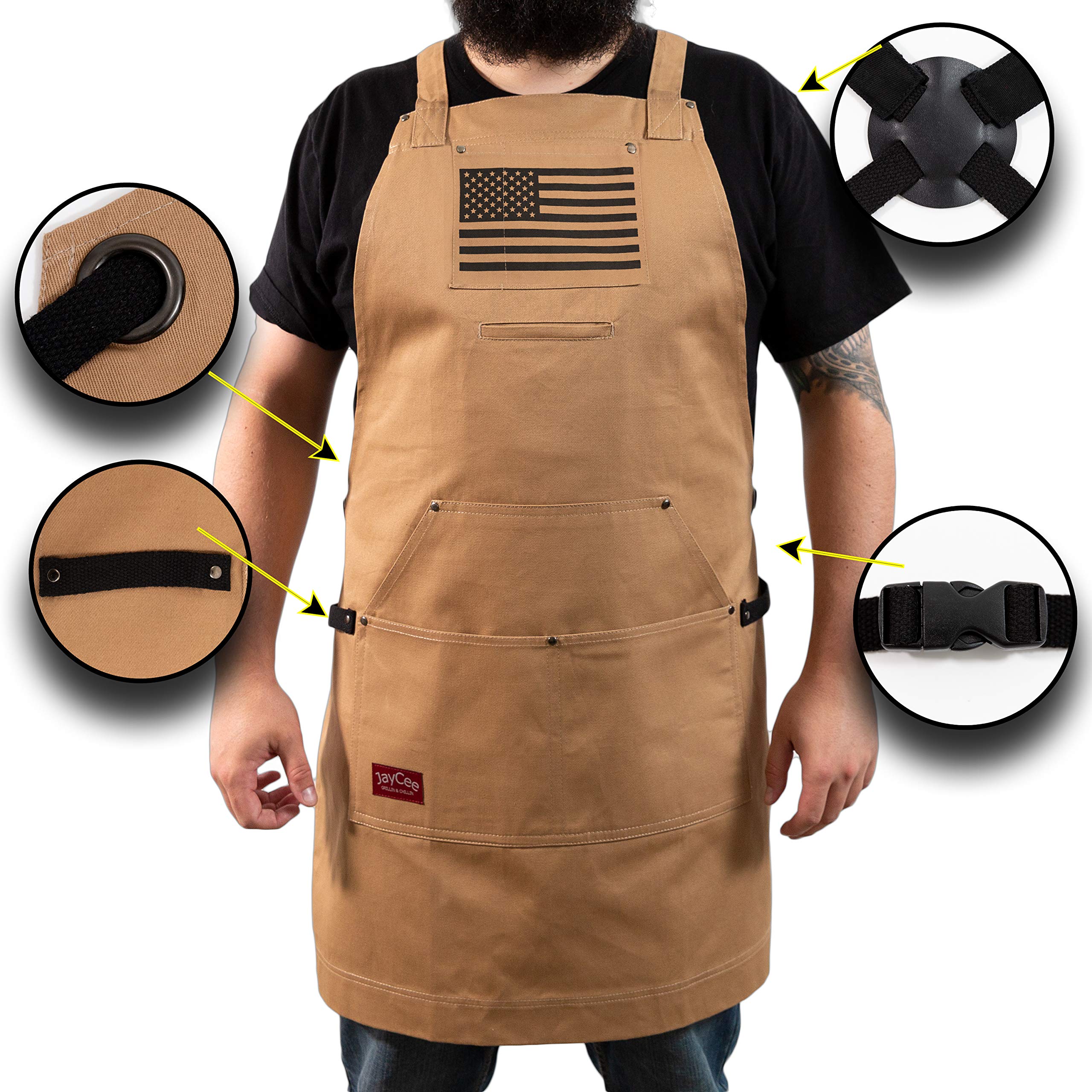 JayCee Fartuch do BBQ, grilla, gotowania, hobby i warsztatu, 5 kieszeni, krzyżowe plecy, 2 szlufki na narzędzia/ręczniki, 284 g bawełny, wspaniały prezent