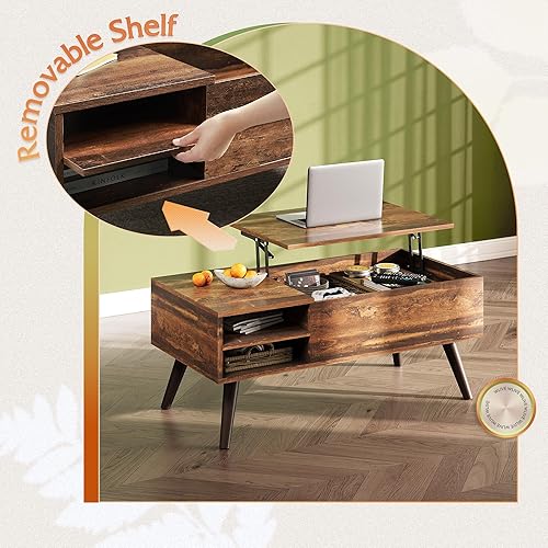 Miniatura 6 de WLIVE Mesa de Centro con Tapa Elevable para Sala de Estar, Mesa de Centro Pequeña con Almacenamiento, Estante Ajustable y Compartimento de Marrón