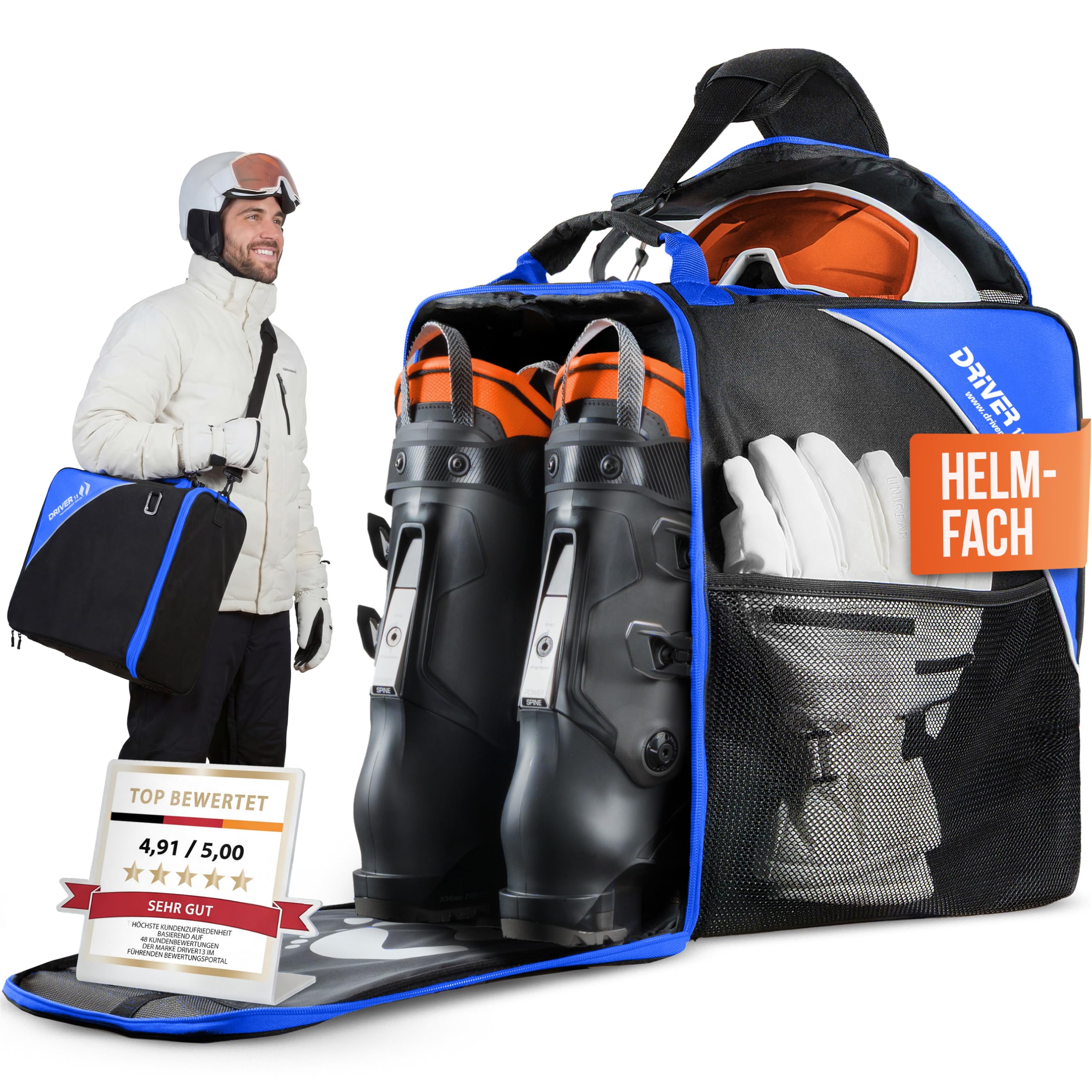 Driver13 ® Bolsa para Botas de esquí Bolsa para Botas de esquí con Compartimento para Casco para Botas Blandas duras inliner y Bolsa para Botas Negro-Azul