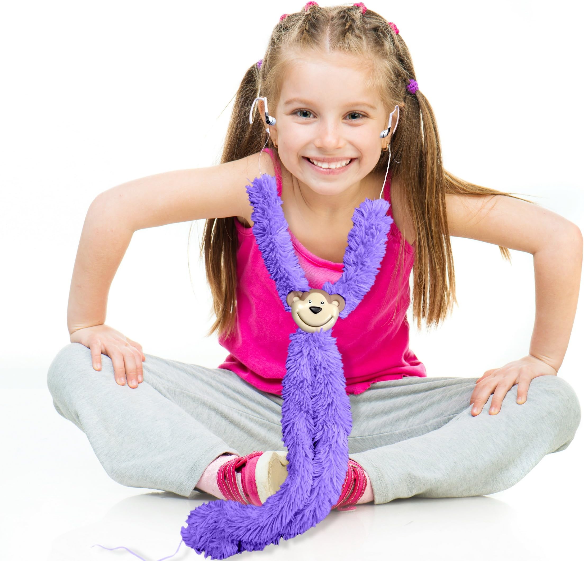 Kids Earphones Earbuds with Adjustable Plush Monkey - Volume limiting Children Earbuds - Tangle Free, Lightweight and Foldable with 6ft Wire Purple by 3B Global