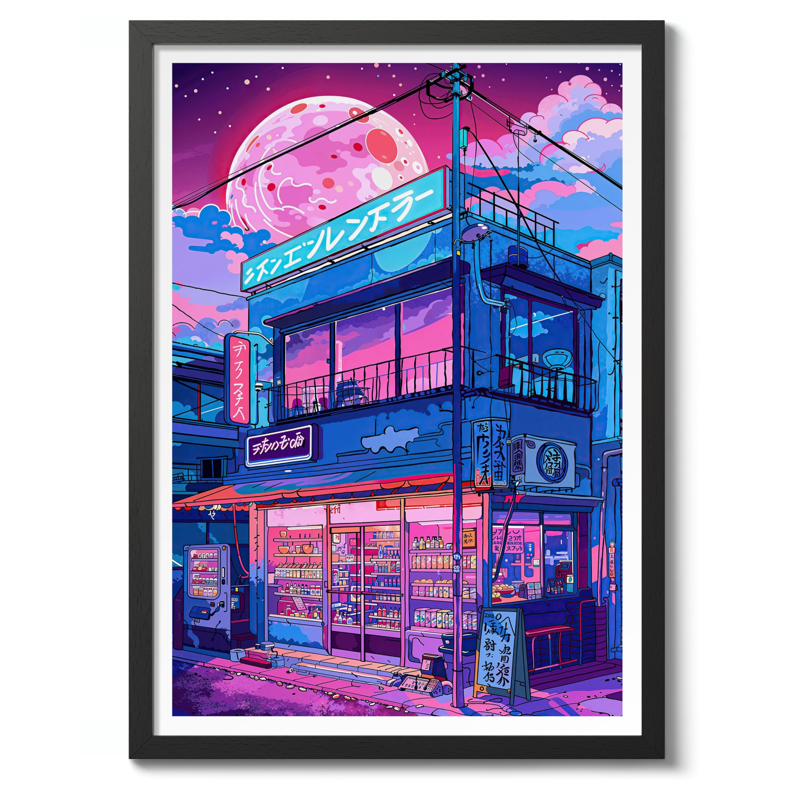 Lo-Fi Ramen Shop Anime Woodblock Poster Modern Ukiyo-E, Cartoon Print, Japanese Illustration Wall Art Bedroom Home Decor, A1 (Black Frame) - 86.9x62.4cm โ image 1