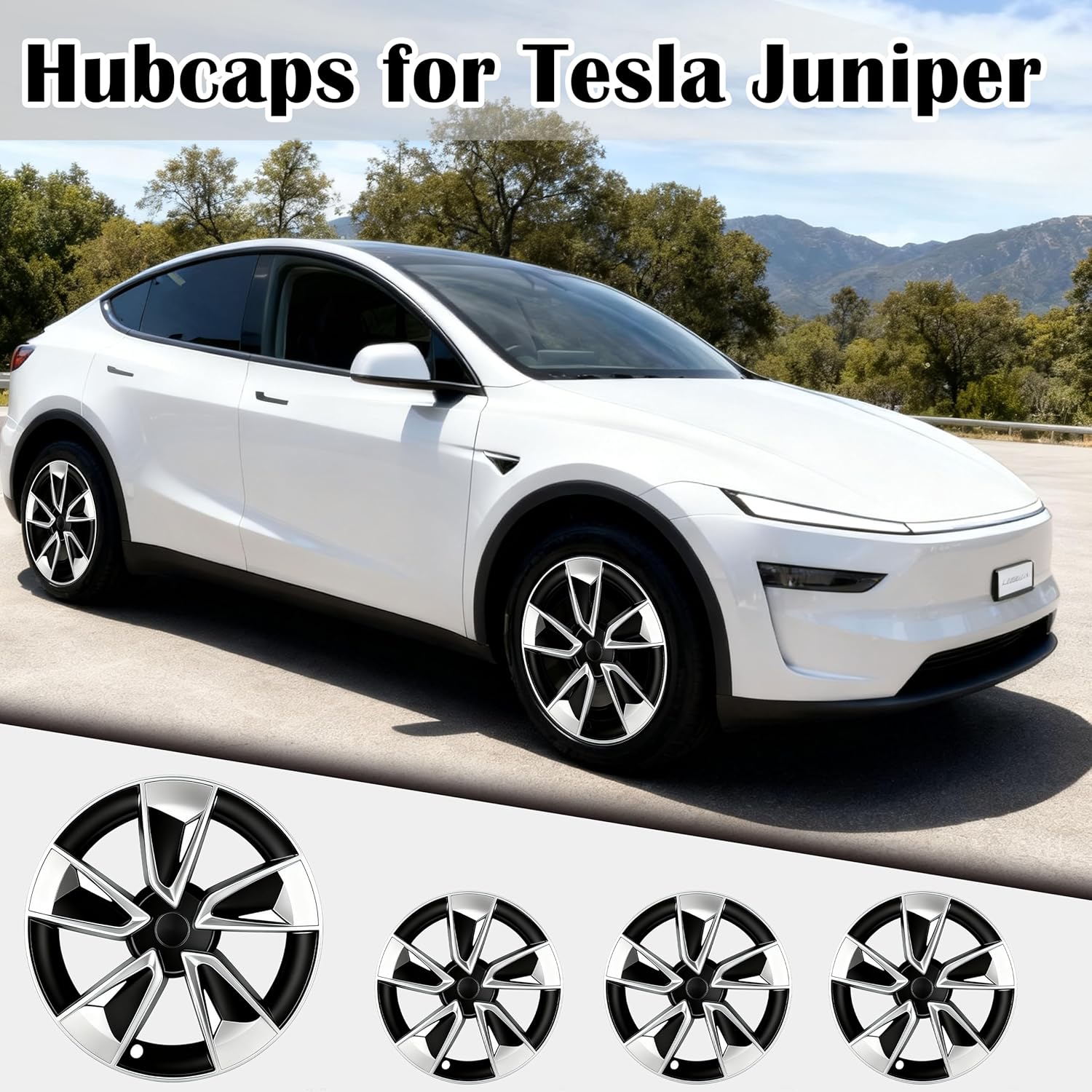 4Pcs Wheel Protection Covers for 2025-2026 Tesla Juniper Model Y Snap-On Rim Guard Hubcaps with Full Coverage Design, Enhanced Aerodynamics Scratch Resistance (Black Silver, 19 inch 2025-2026 Model Y)