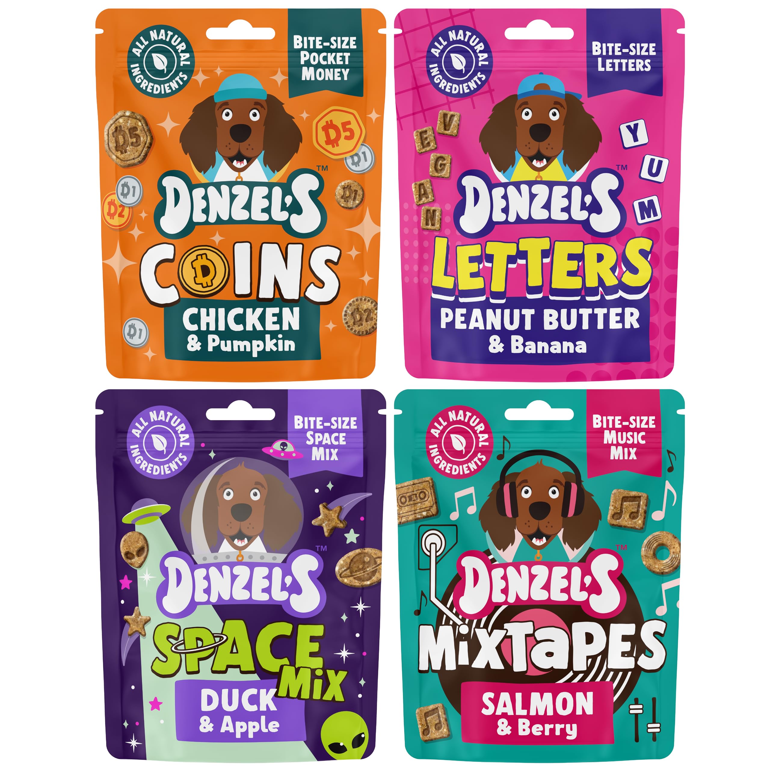 Denzel's All Natural Dog Treats Multipack - 4 Flavours: Salmon, Peanut Butter, Chicken & Duck Dog Treats - For Training, Reward (4 x 90g)