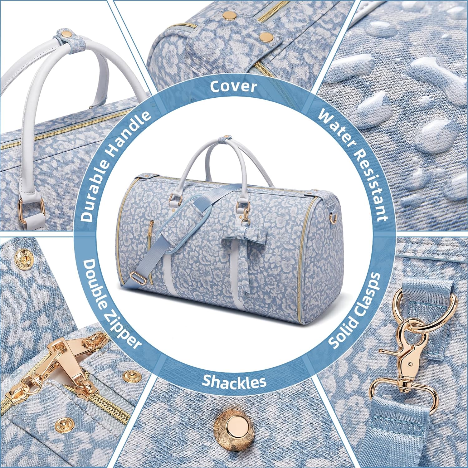 Travel Garment Bag for Women, Foldable Carry On Garment Duffle Bag 20.5x10x12.5 Inch, Convertible Overnight Bags with Shoe & Toiletry Pockets for Business Trip, Vacation, Party, Blue-White - Image 6