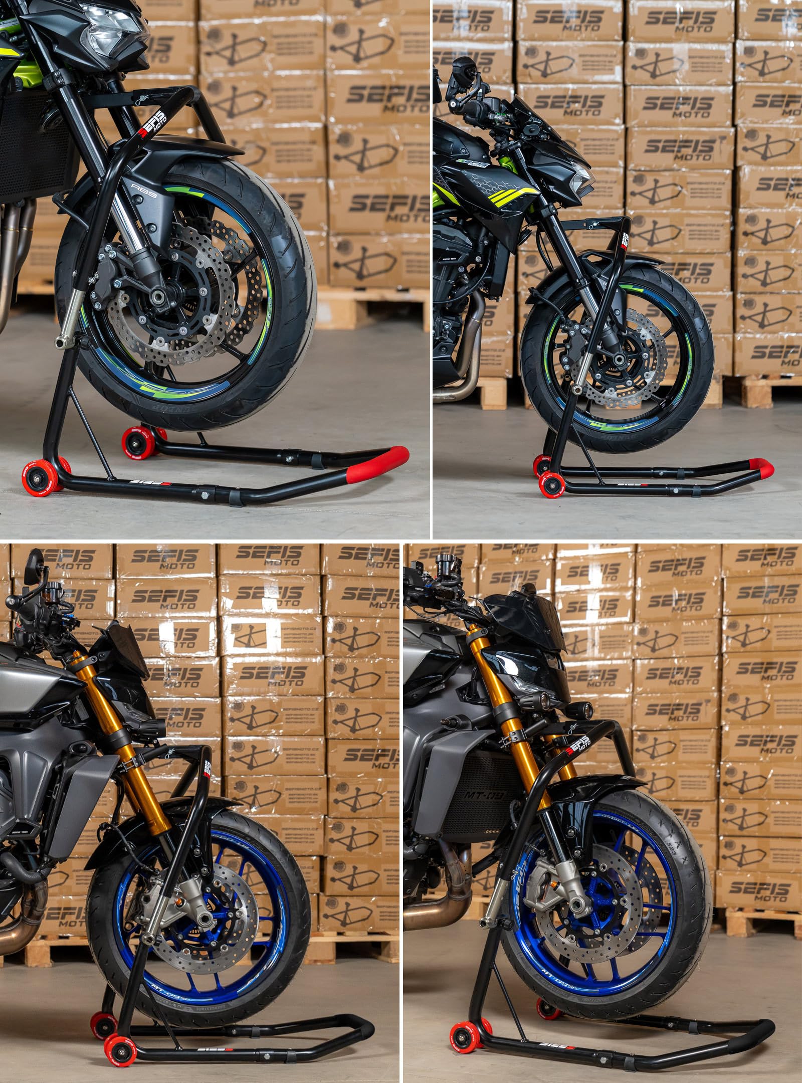 SEFIS D18 Set de caballetes para motocicleta, caballete de rueda delantera, elevador de rueda trasera, soporte de servicio frontal y trasero, caballete de montaje trasero para motocicleta, set de