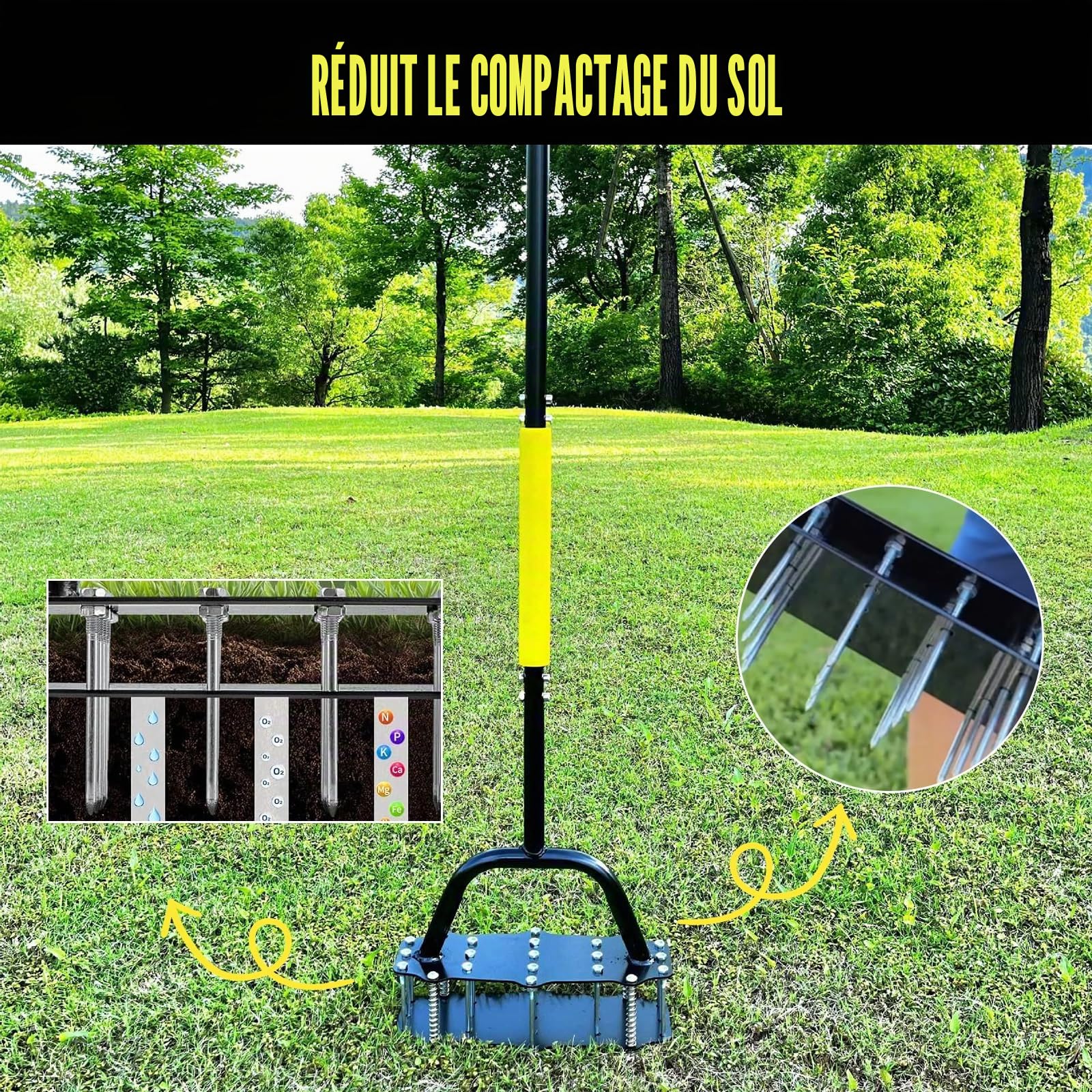 Outil manuel d'aération de gazon, outil d'aération de gazon à 17 pointes assistées par ressort avec nettoyage automatique de la terre et des feuilles, assouplisseur de sol avec gants et pédale