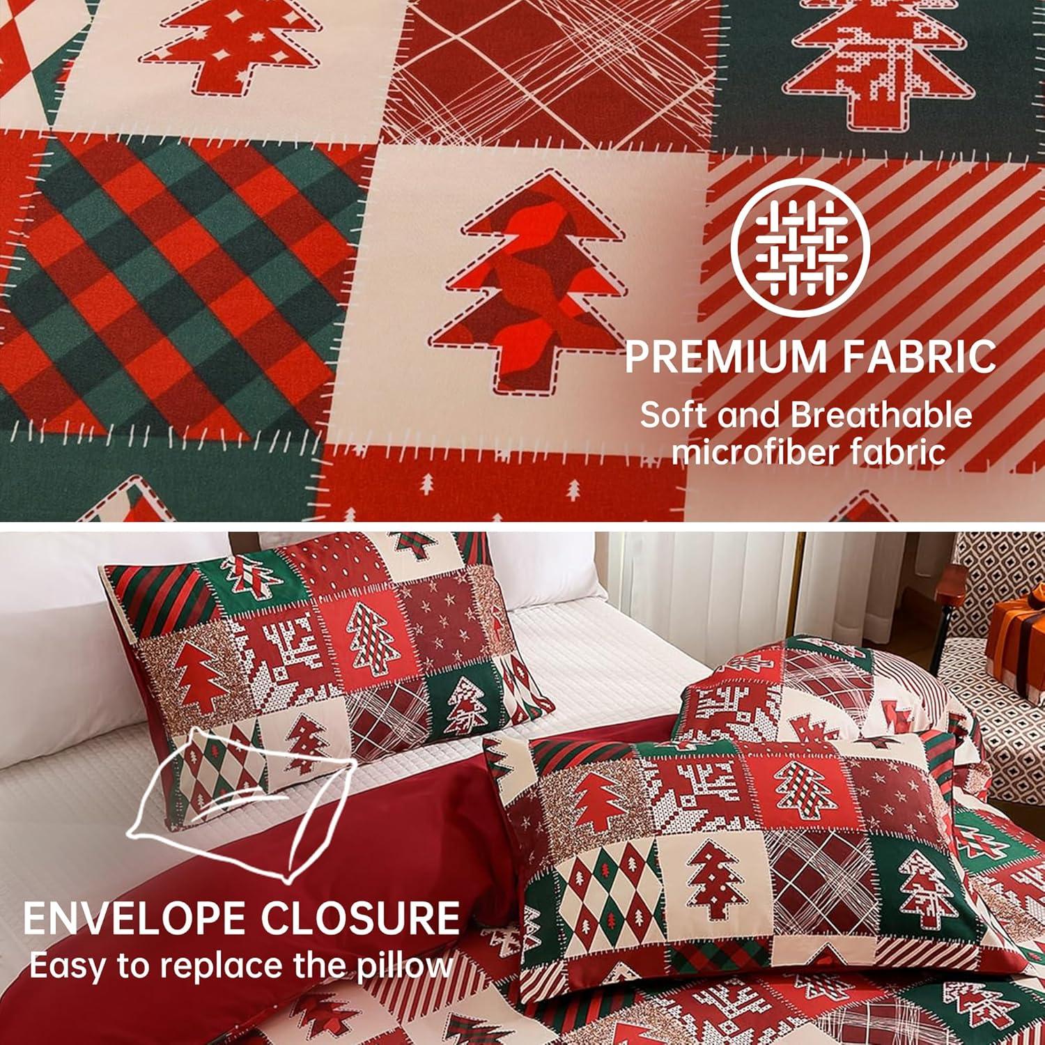 BOLINLIVING Christmas Duvet Cover King Size, 3 Pieces Patchwork Plaid Christmas Bedding Set Printed with Red and Green Tree, Holiday Decorative Microfiber Comforter Cover with 2 Pillowcases