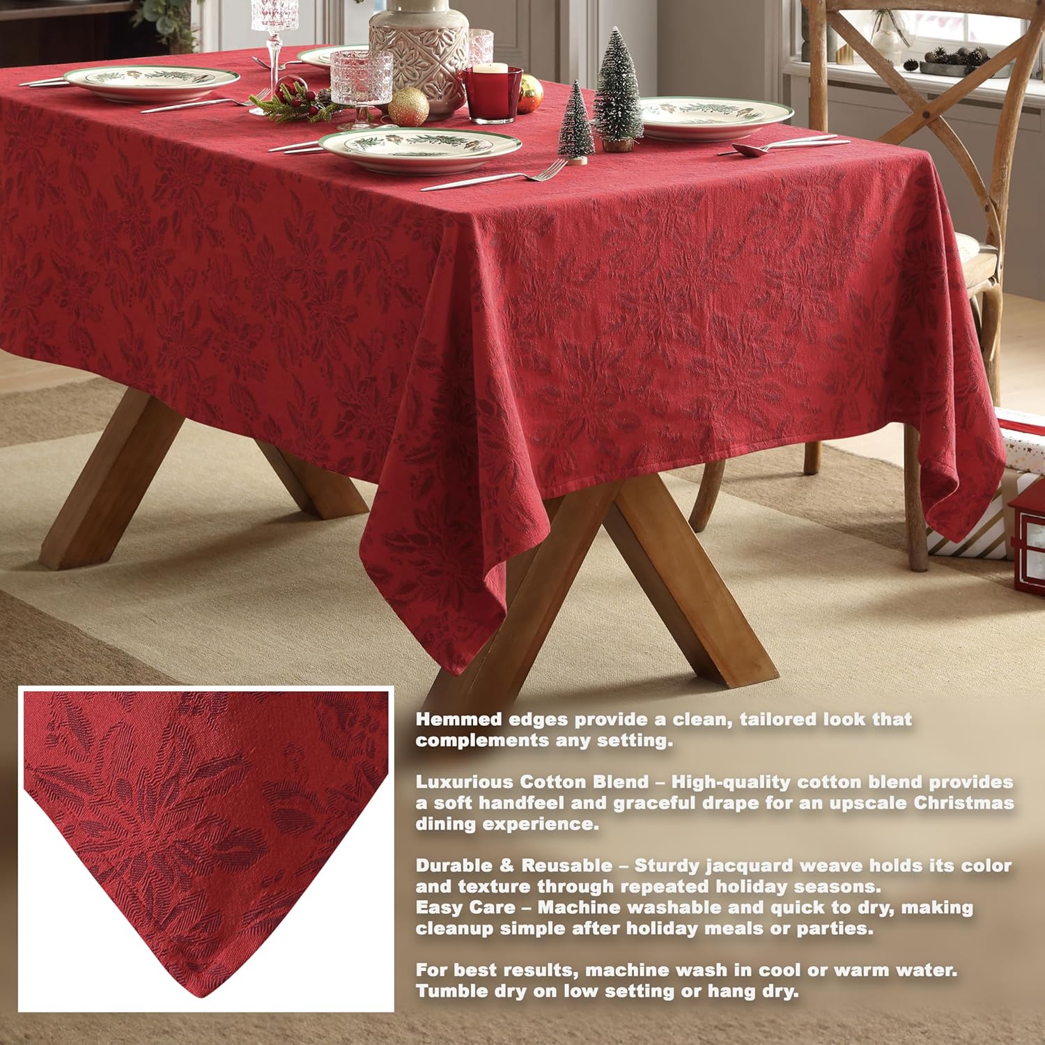 Home Bargains Plus Christmas Poinsettia Jacquard Cotton Blend Tablecloth, 60 x 120 Inch Rectangle, Red Shabby Chic Holiday Poinsettia's Holiday Table Cloth
