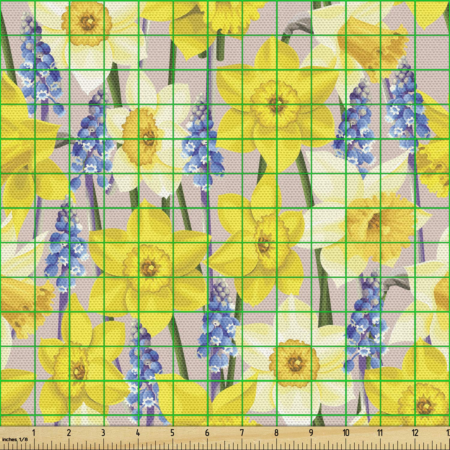 Lunarable Daffodils Fabric by The Yard, Floral Theme with Daffodil and Muscari Blossoms Stems Branches Classic Flourish, Decorative Fabric for Upholstery and Home Accents, 3 Yards, Yellow Blue