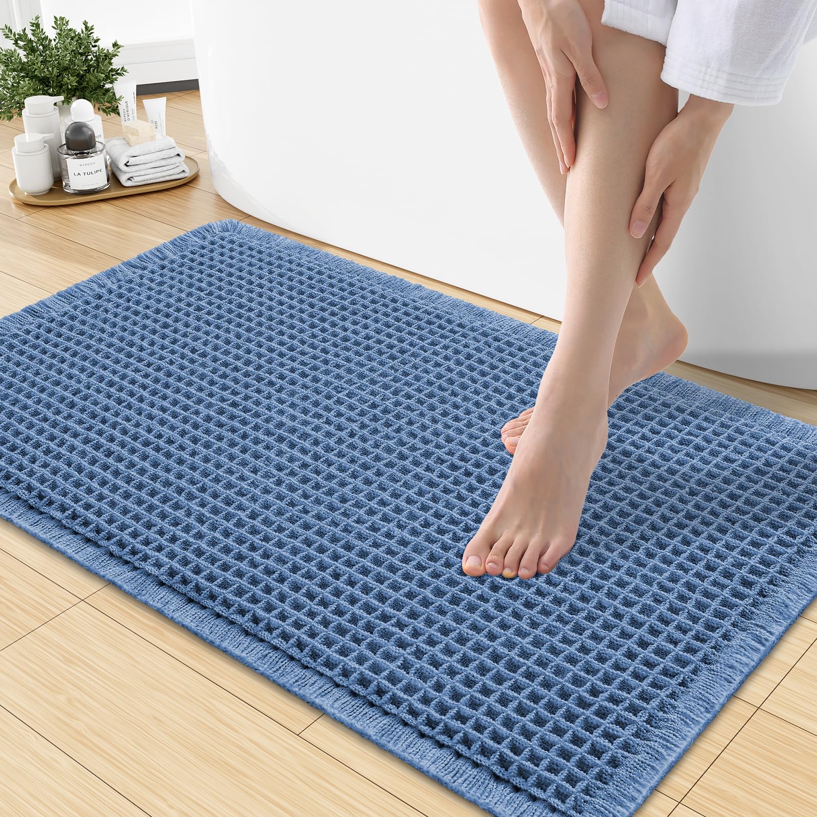 Smiry Waffle Bath Mat 30X18, Extra Soft Absorbent Bathroom Rugs, Blue