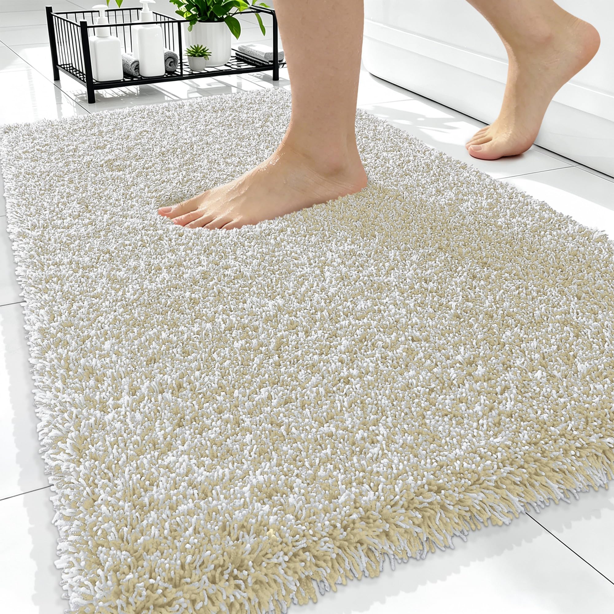 OLANLY Microfiber Bathroom Rugs 34x21, Quick Dry Bath Mat, Sand and White
