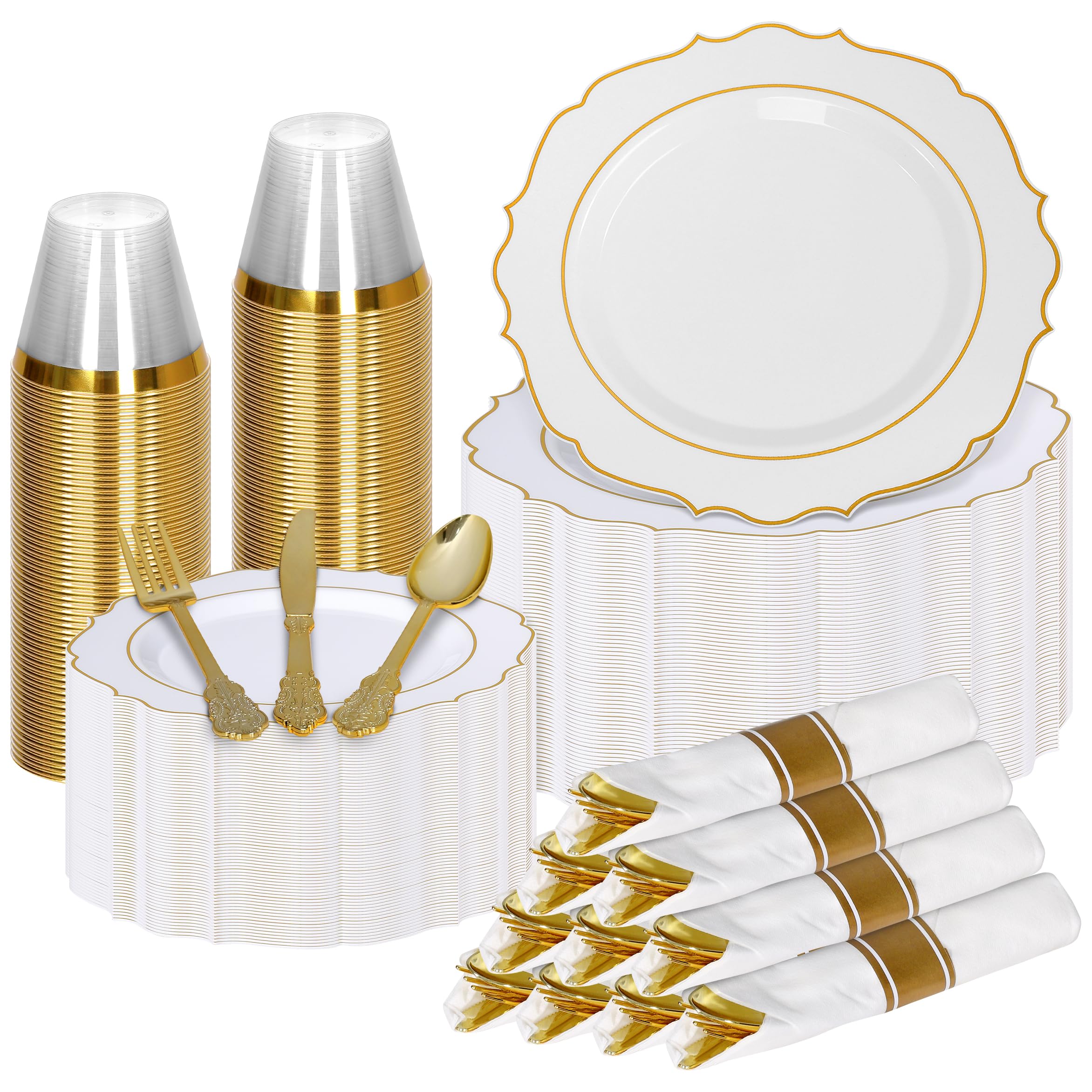 Elegant Gold Plastic Dinnerware Modern Vintage Set (350 Pcs) - Includes 50 Dinner Plates, 50 Dessert Plates, 50 Napkins, 50 Cups & Gold Silverware. Ideal for Weddings, Parties & Events.
