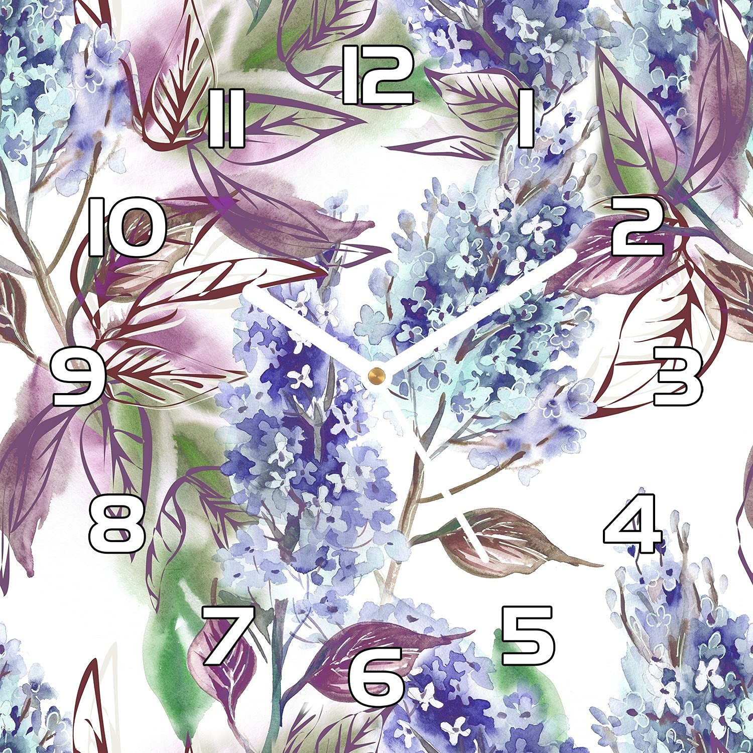 Horloge en verre sécurité aiguilles noires illustration fleurs violettes