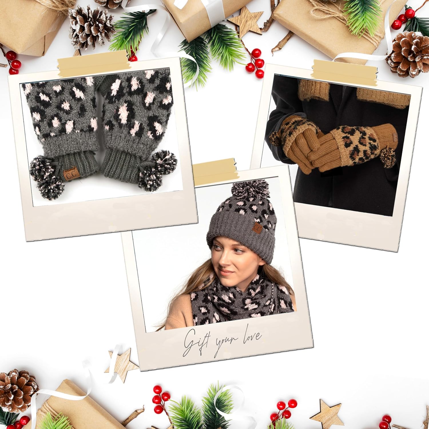 C.C Exclusives Soft Beanie hat with Leopard Pattern and Fur Pom(HAT-7001)(SF-7001)