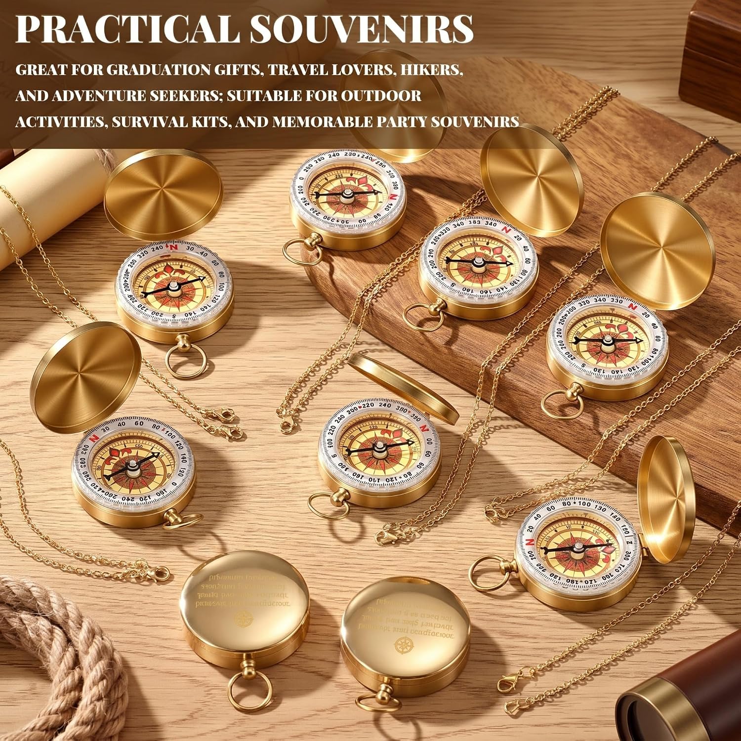 10 Pack Compass Graduation Gift Copper Metal Compass Bulk with Chain Glow in The Dark Survival with Motivational Quotes for Student Teacher Nautical Travel Party Souvenir
