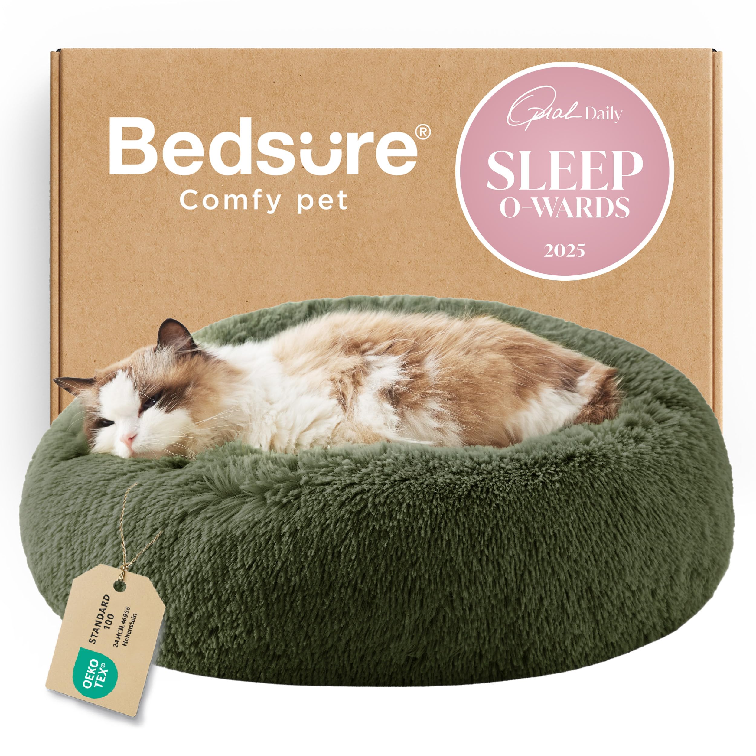 Bedsure Calming Cat Beds Donut Round Washable Kitten Bed,20 inches Green