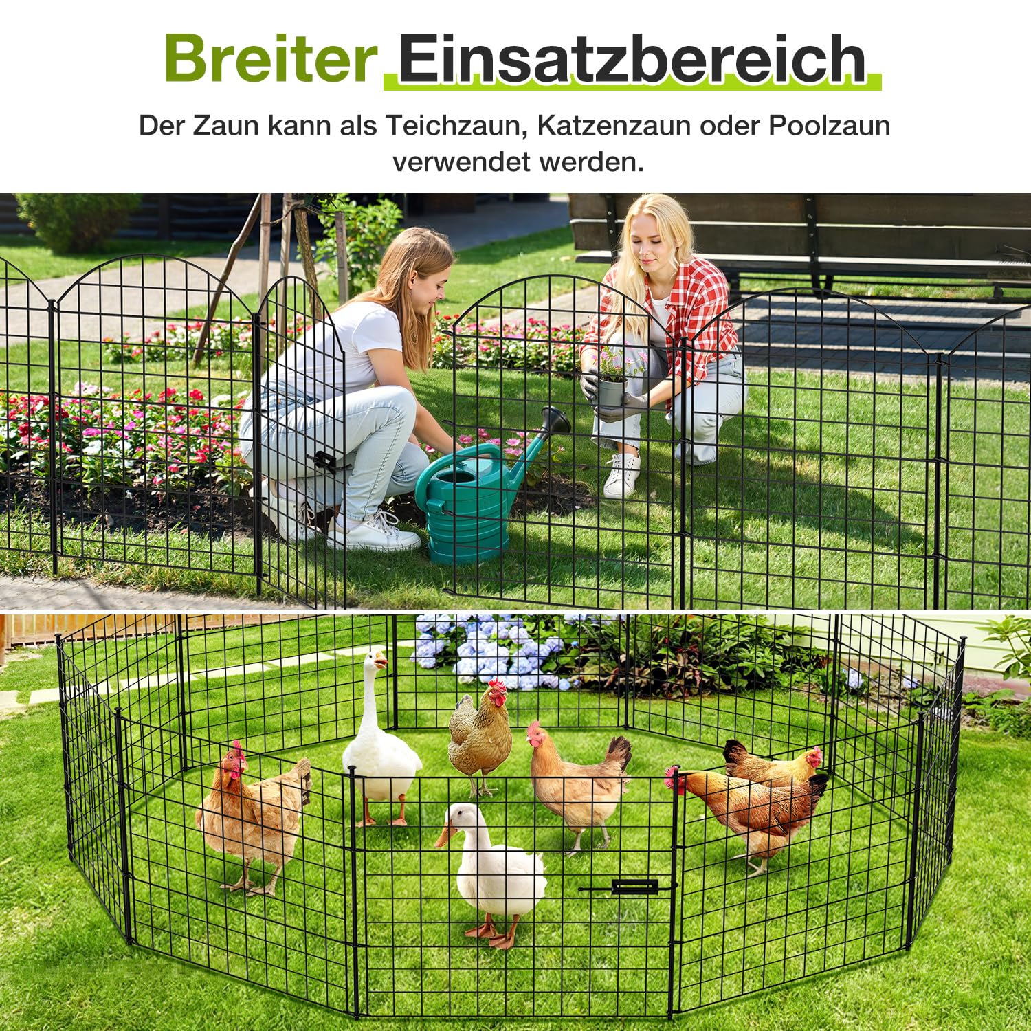 Teichzaun Gartenzaun Steckzaun Komplettset Metall 5 Unterbogen Zaunelemente, Gesamtlänge 3,87 m, inklusive 6 Befestigungsstäbe und Springverschluss, Hundezaun Tierbarriere, Schwarz
