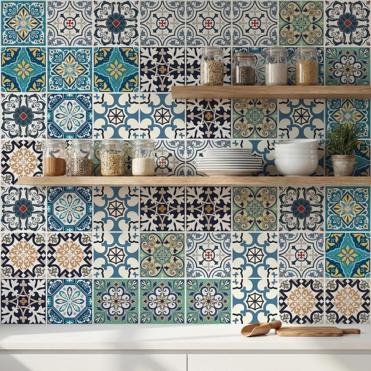30pcs Bohemian Style Vinyl Tile Decals, 4x4inch Self-Adhesive Peel and Stick Wall Stickers, Glossy Finish, Multi-Surface Installation, Plant Theme, Square Shape for Kitchen Bathroom Staircase Decor