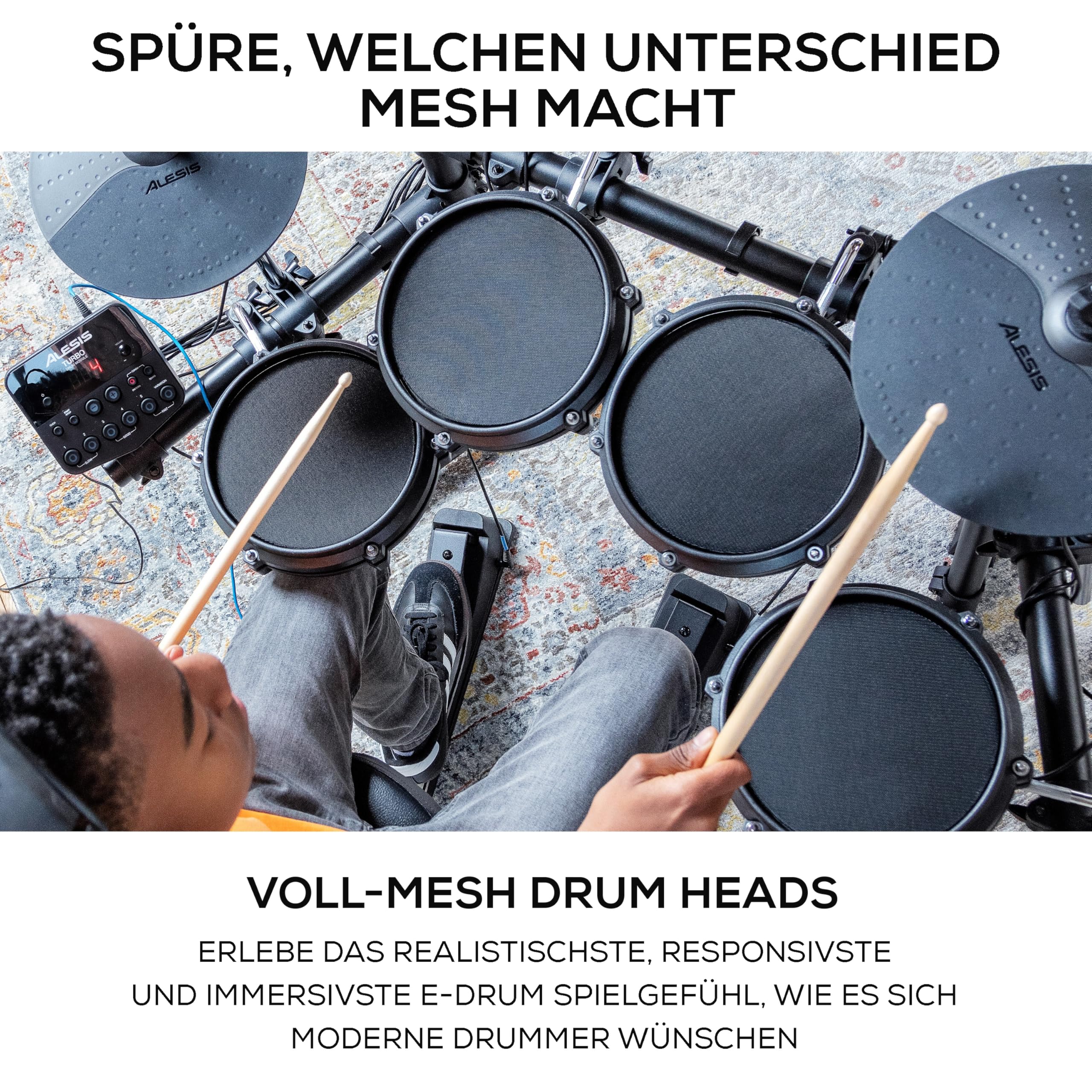 Alesis Turbo Mesh Kit - E Schlagzeug Elektronisch mit Mesh-Heads, Drumsticks, Drum Key, über 100 Sounds und 30 Play-Along-Tracks