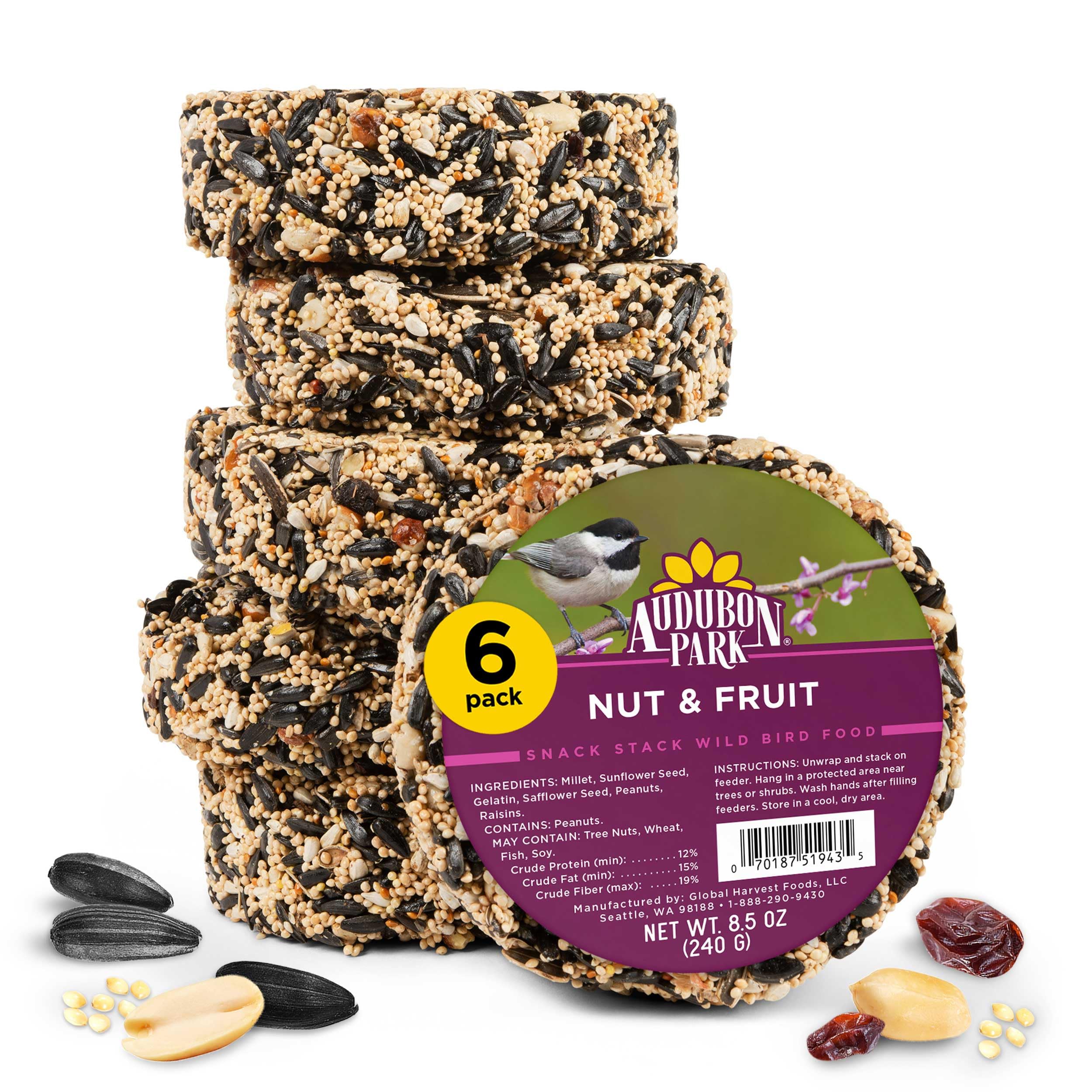 Nut & Fruit Snack Stack Wild Bird Food, Bird Seed Cake for Outside Feeders, 6-Pack