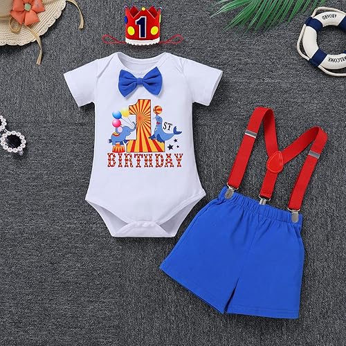 Miniatura 2 de IBTOM CASTLE Disfraz con temática de carnaval de circo para primer cumpleaños para bebé niño, tirantes sombrero con corbatín y accesorios para fotos