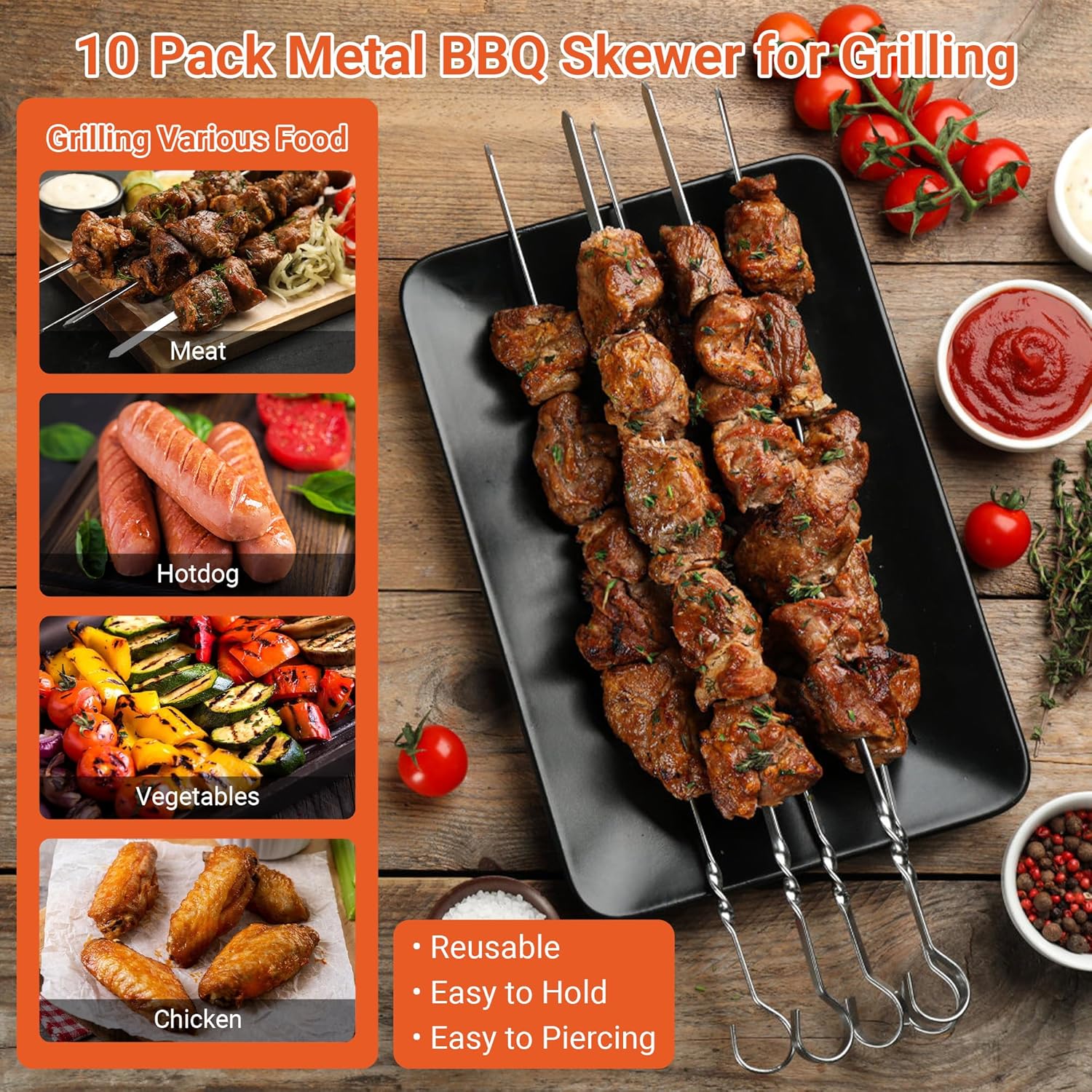 Extra Large Hot Dog Roller for Grill, 11.5" Stainless Steel BBQ Sausage Roller Rack with Wooden Handle Fork, Manual Rolling Hot Dog Grill for Even Cooking, Includes 10 Stainless Steel Skewers
