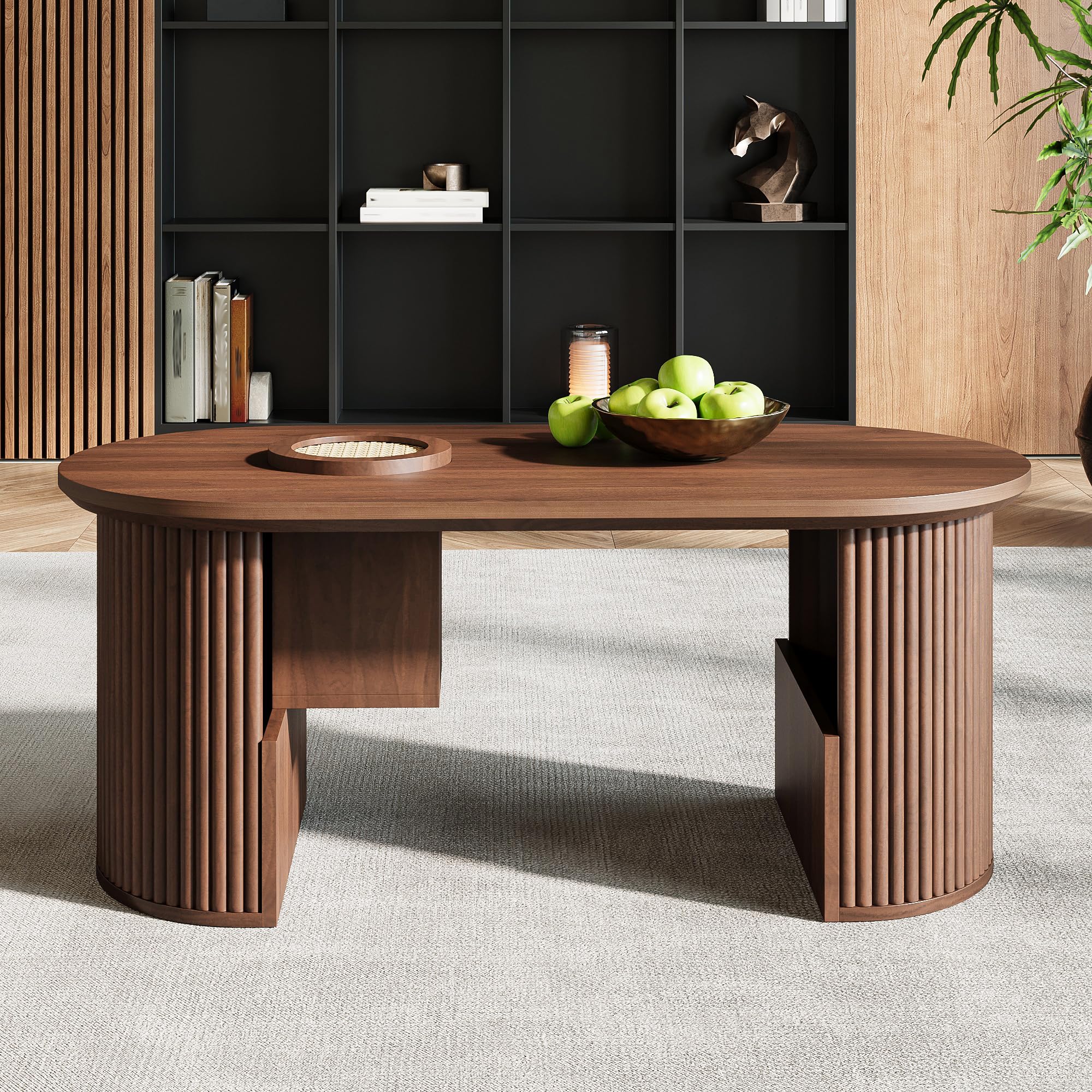 Nowoczesny stolik kawowy w stylu retro, z drewna orzechowego o pionowej teksturze, wymiary: 105 cm (długość) x 50 cm (szerokość) x 46,5 cm (wysokość).