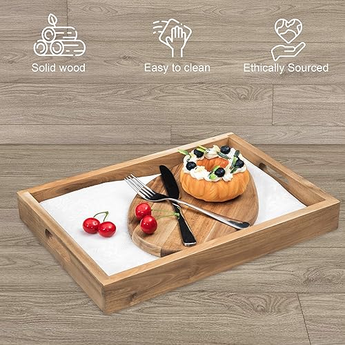 Miniatura 7 de Bandeja rectangular de madera de acacia natural con asas, juego de 2 (15 x 11 pulgadas y 13 x 10 pulgadas), bandeja grande para otomana, desayuno en