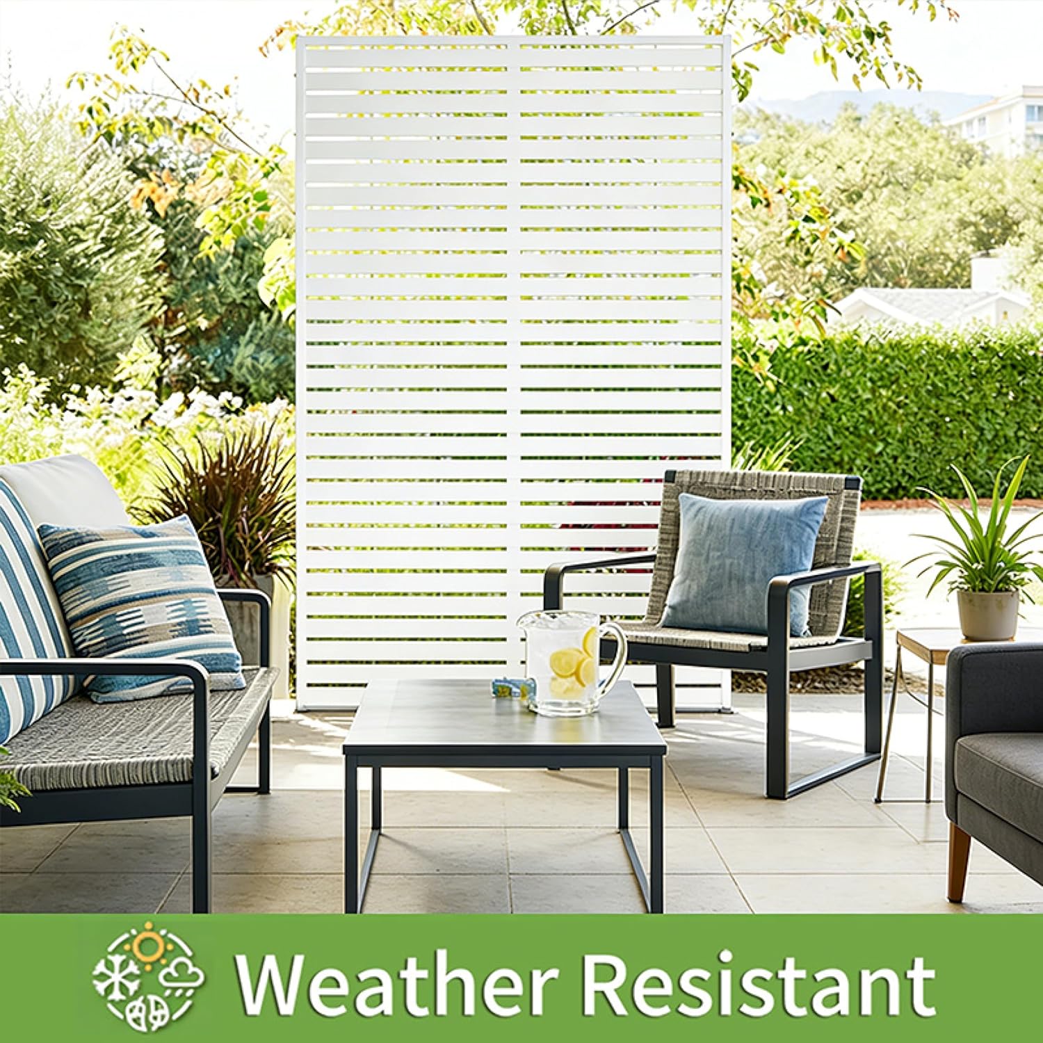 Self-Supporting Metal Outdoor Privacy Screen Slatted Patio Divider Decorative Garden Partition Balcony Backyard Deck Porch Poolside Wind-Resistant Weather-Ready Louvered Panel Visual Shield (White)