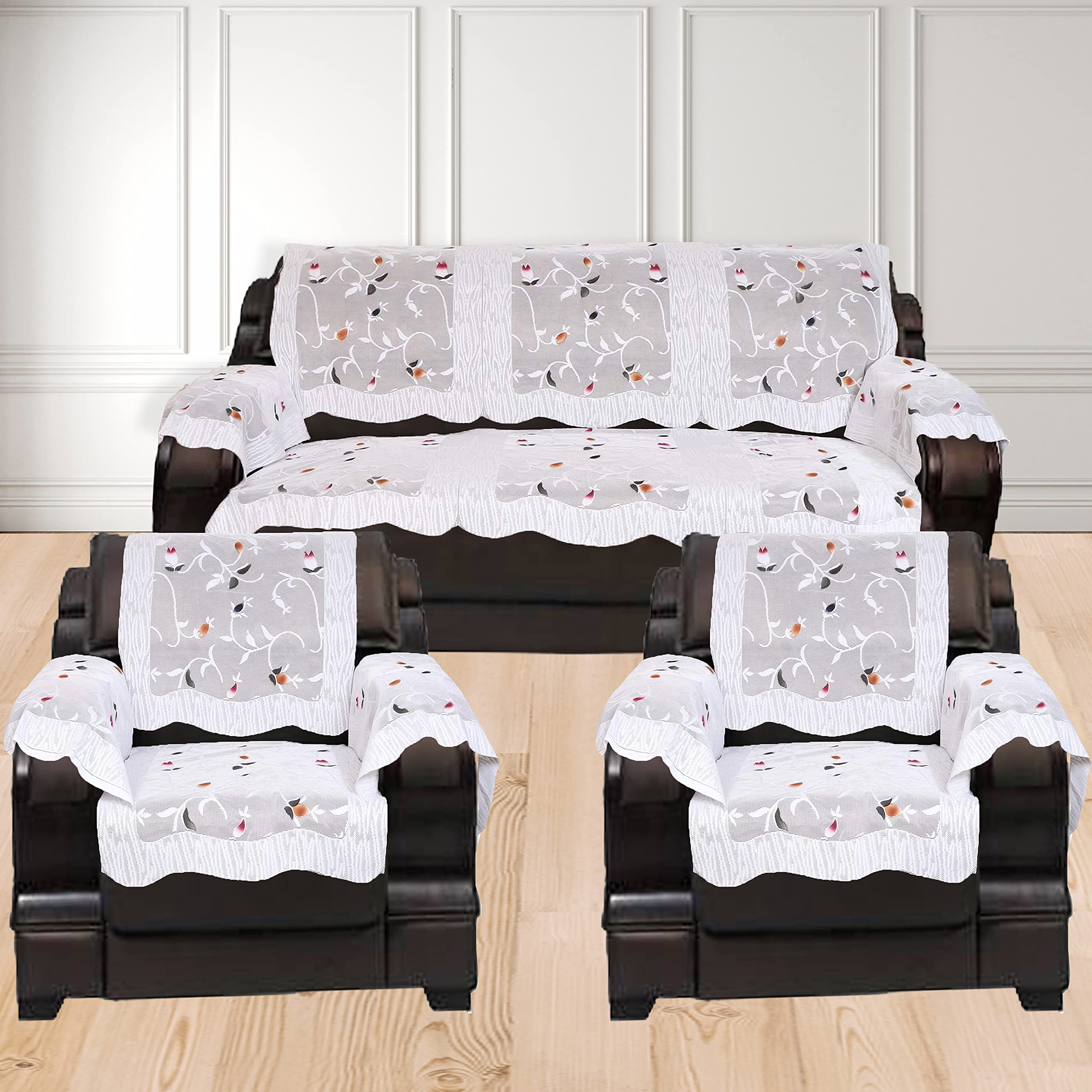 IM FAB Cotton Leaf Net Fabric Sofa Cover Set of 5 Seater with Arm Covers (3+1+1, White, 5 Seater with Arm Cover, Set of 16 Pcs)