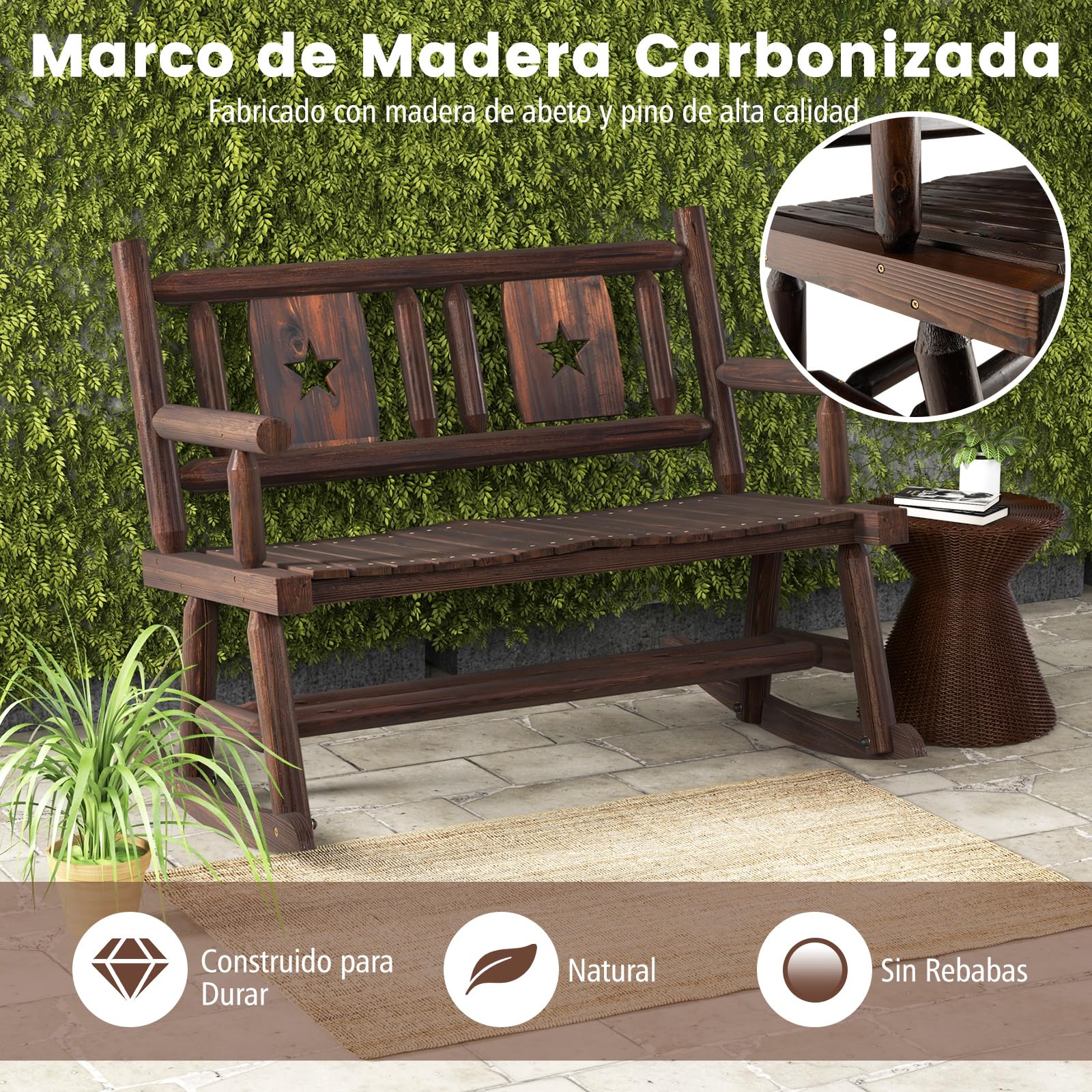 COSTWAY Banco Mecedora Jardin Exterior de 2 Plazas, Banco Madera Carbonizada con Respaldo y Reposabrazos, Banco Jardin Patio Terraza Porche, Carga 320 kg, 111 x 85 x 89 cm, Marrón Rústico