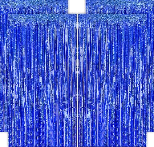 Paquete de 4 cortinas de flecos azules de 12.8 x 8.2 pies, cortinas de flecos metálicos brillantes, cortinas de flecos de color azul marino,